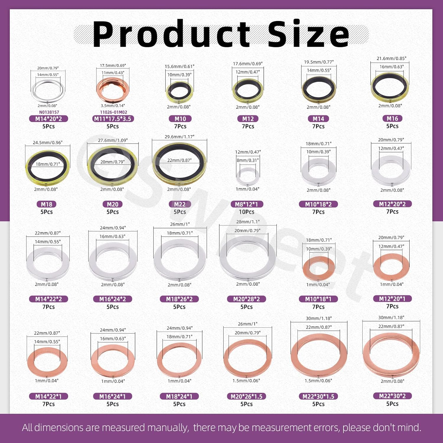 Swpeet 143Pcs M8 M10 M12 M14 M16 M18 M20 Aluminium & Cooper Washer Gasket and 2 Styles Oil Drain Plug with Yellow Zinc Plated Sealing O Rings Assortment Kit, Oil Crush Washers Seals for Most Cars image number 5