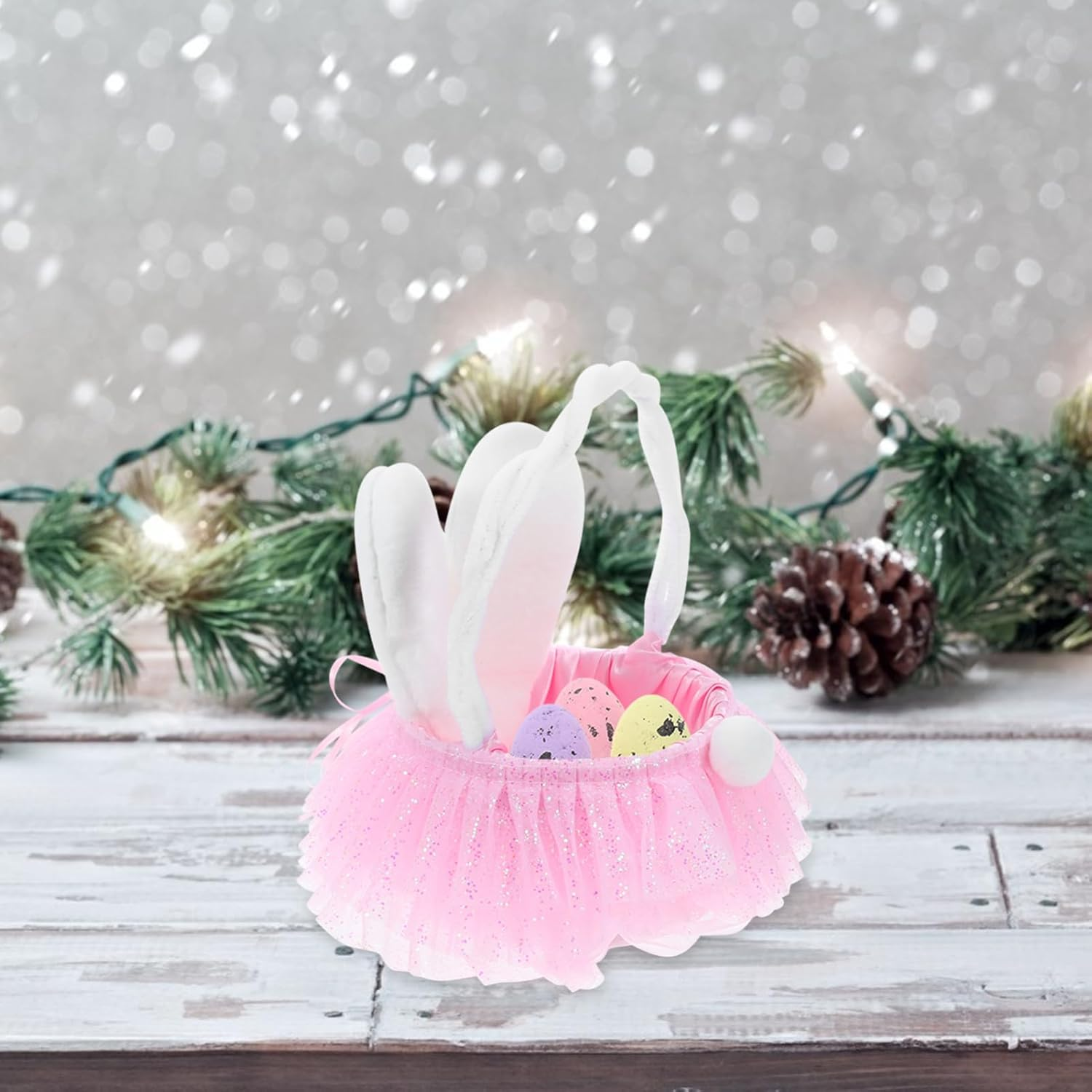 JOINPAYA Tutu Easter Bunny Ears Basket: Ruffled Shining Tulle with Fluffy Bunny Ears Basket with Handle for Girls Boys Party Favors Easter Basket Fillers Easter Eggs Hunt Easter Decorations