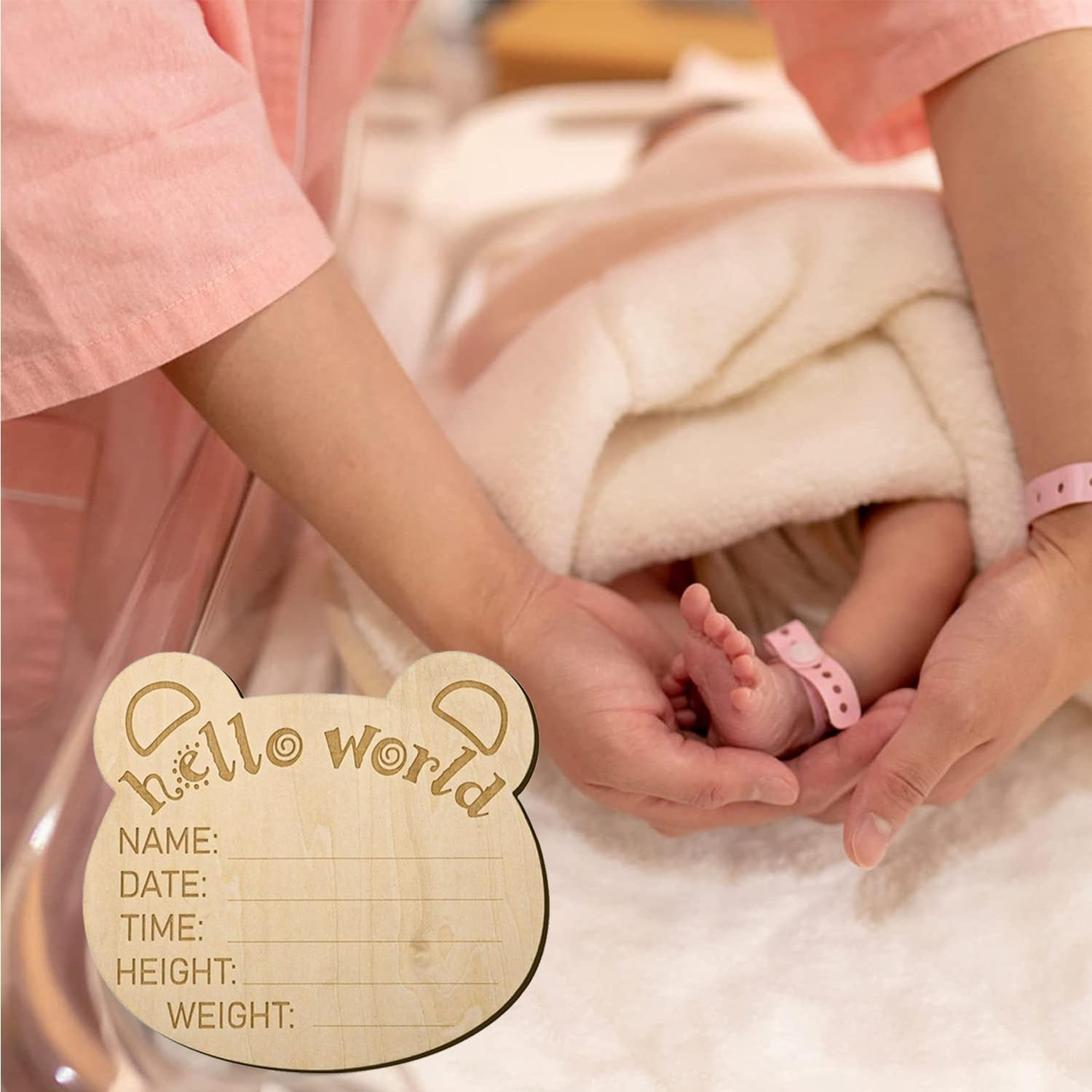 Wooden Baby Announcement Sign, Newborn Baby Announcement Sign, 5.9 Inch Hello World Newborn Welcome Sign for Baby Shower, Photo Prop, Hospital, Nursery, New Parents (A)