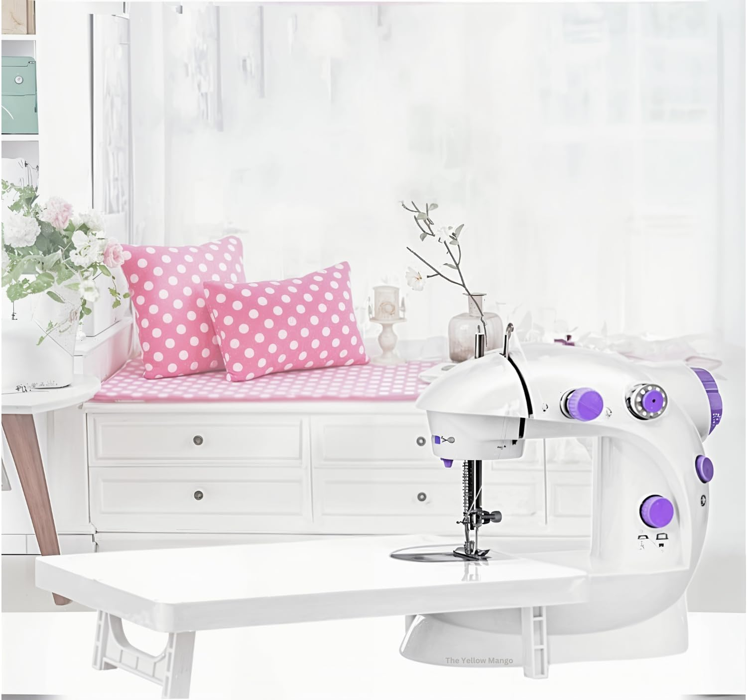 Amazon Sewing Machine, Basic Sewing Machine with Foot Pedal, Stitching Machine for Children10Pcs Sewing Kit, Dual Threads Electric Tacking Machine for Beginners [The Yellow Mango] (With Table + Kit) image number 5