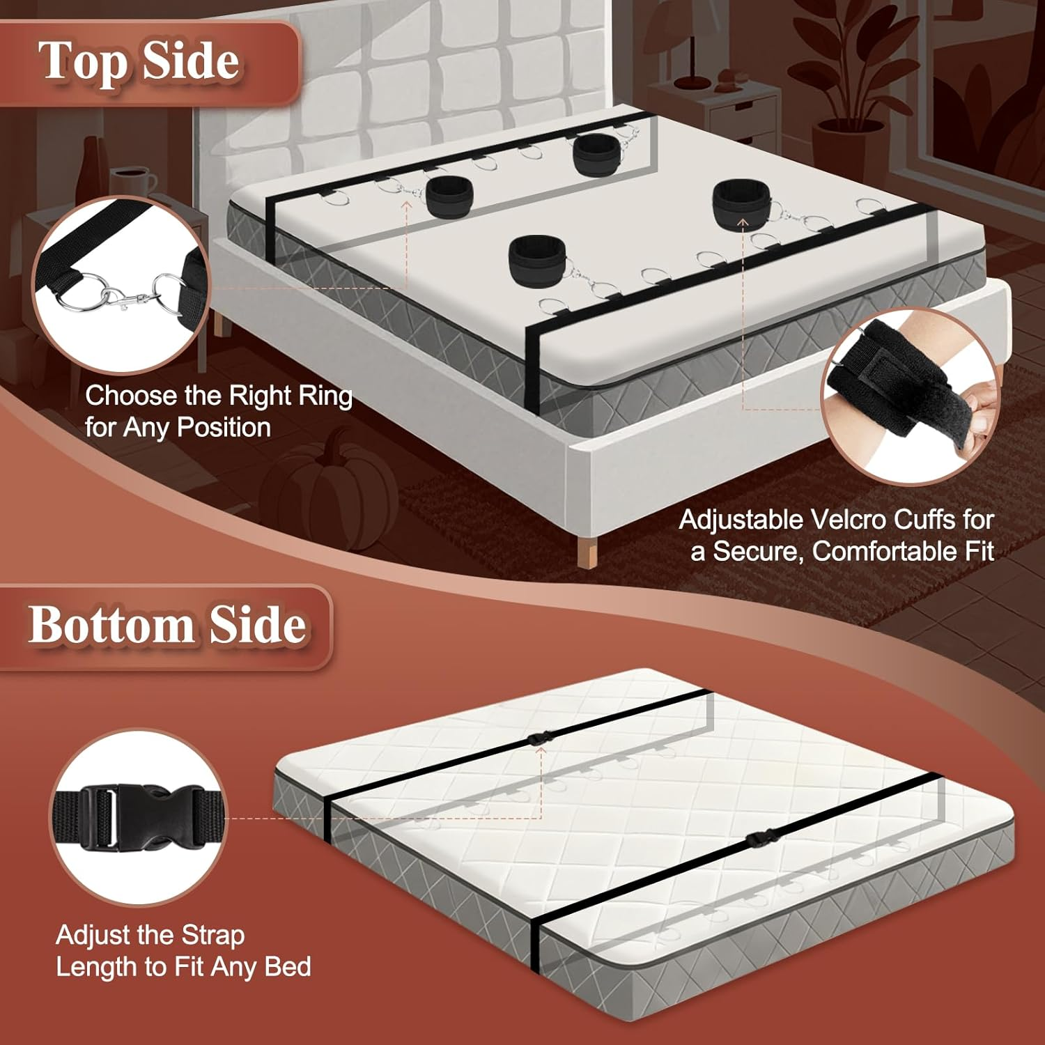 Bed Bondage Restraints Sex Adult,Bdsm Sex Handcuffs Bed Restraint Straps for Couples, under King/Queen Bed Sex Bondage Romance Straps for Couple,Sexy Toys Set with Adjustable 2X2 Wrists Ankle Cuffs image number 5