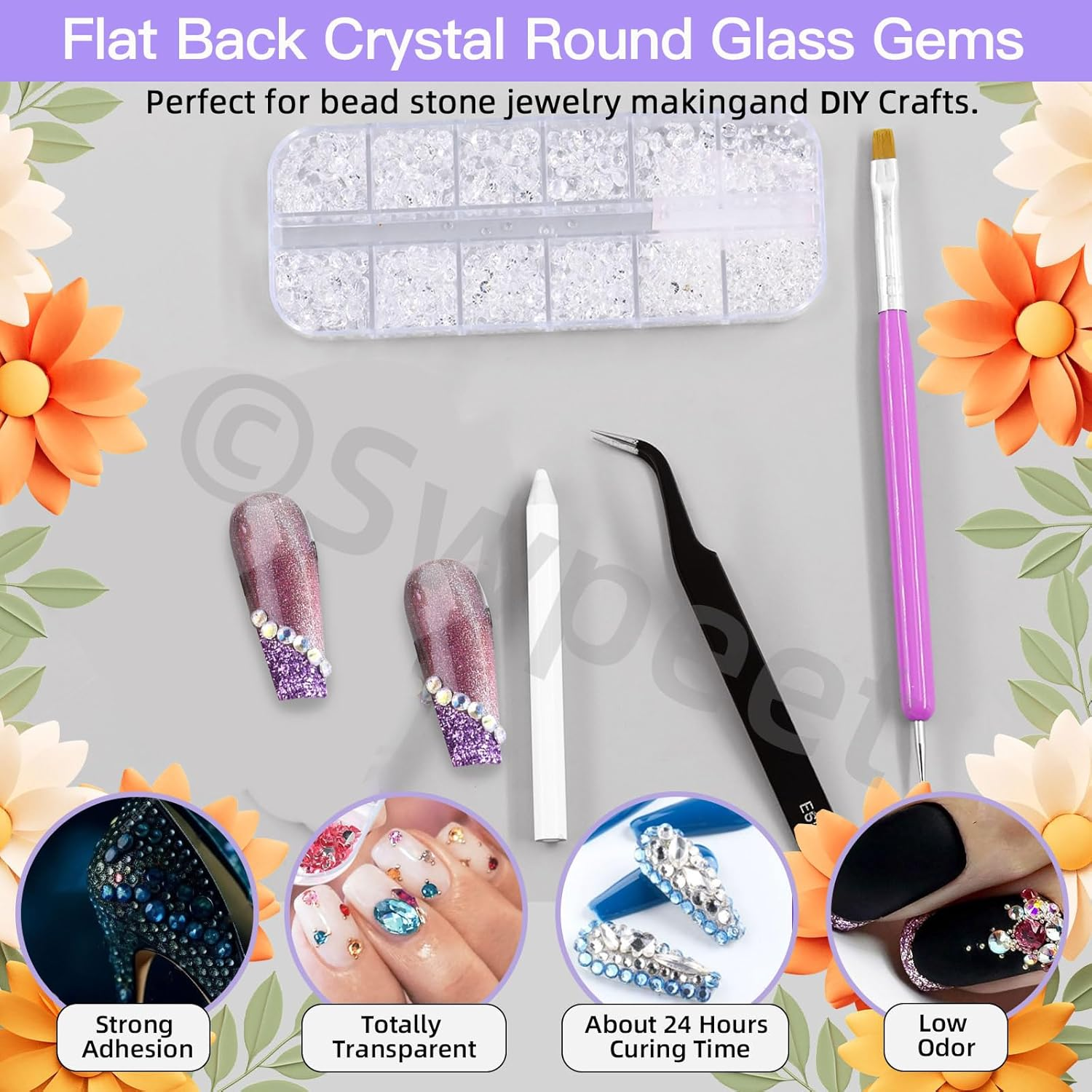 Swpeet 2606Pcs Jewelry Adhesive with 4 Mixed Sizes 2Mm 3Mm 4Mm 5Mm Clear Rhinestones Kit, Clear Flat Back Crystal round Glass Gems for DIY Clothes Fabric Shoes Jewelry Making Nail Art image number 5