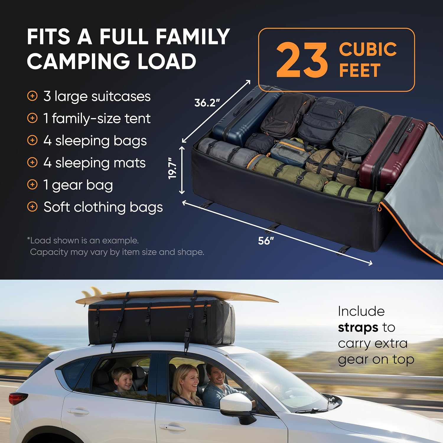 Military-Grade Waterproof Roof Bag - Rooftop Cargo Carrier &ndash; XXL 23 Cubic Feet. with 4 Door Hooks, Zipper/Buckle Closure, Extra Strap &ndash; Black Roof Bag for Cars with or without Rack image number 2