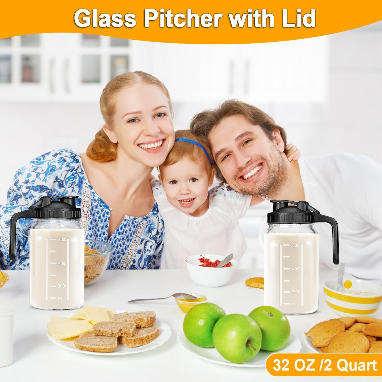 32 OZ Mason Jars with Lid, Glass Pitcher Double Leak Proof with Pour Spout Handle, 1 Quart Wide Mouth Breast Milk Pitcher for Fridge, Creamer Container for Coffee, Sun Tea, Juice - 1 Pack image number 3