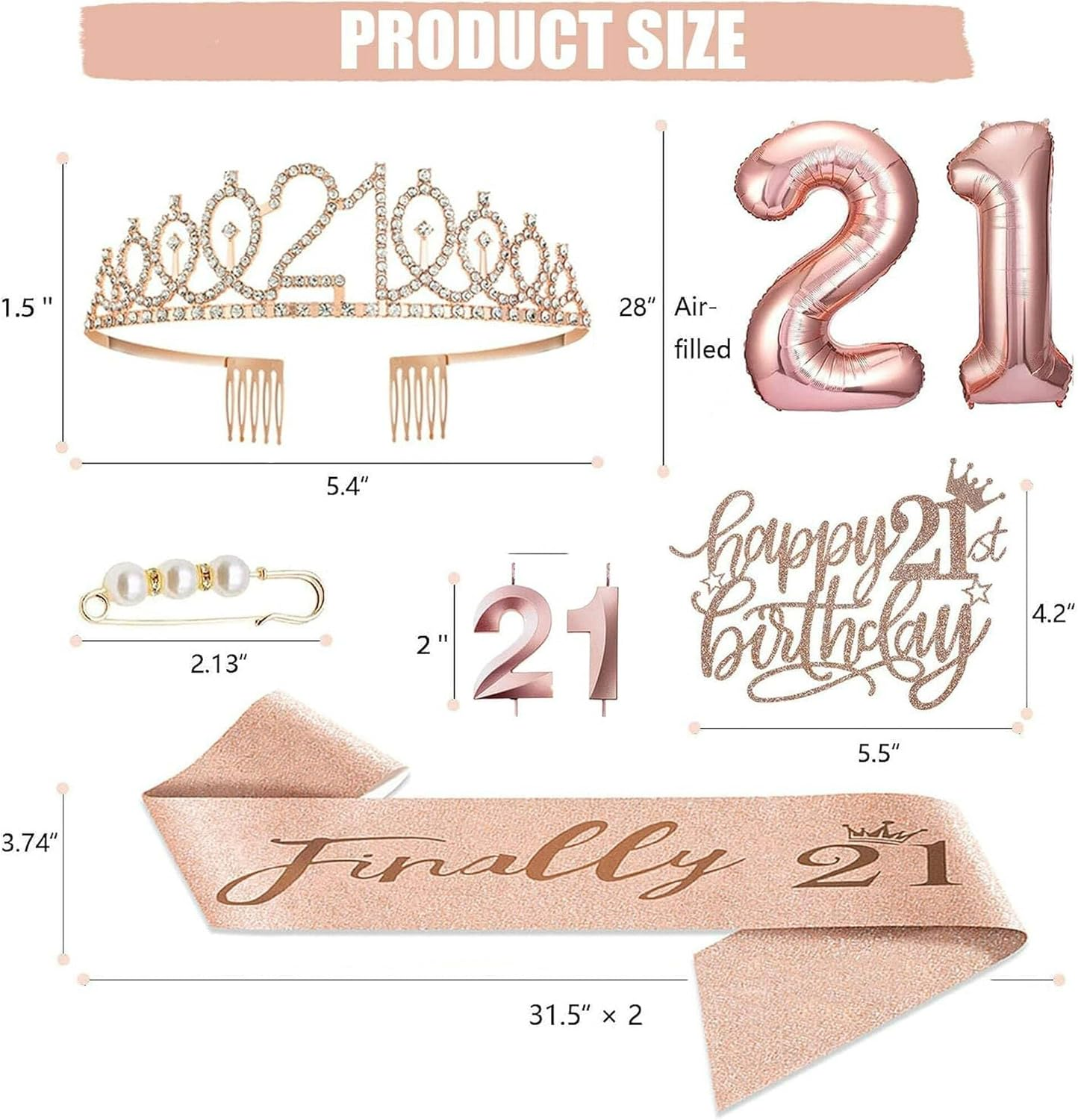 Birthday Party Favor Supplies for Women, Rose Gold Tiara & Sash, Pink, Adult, 21 image number 5