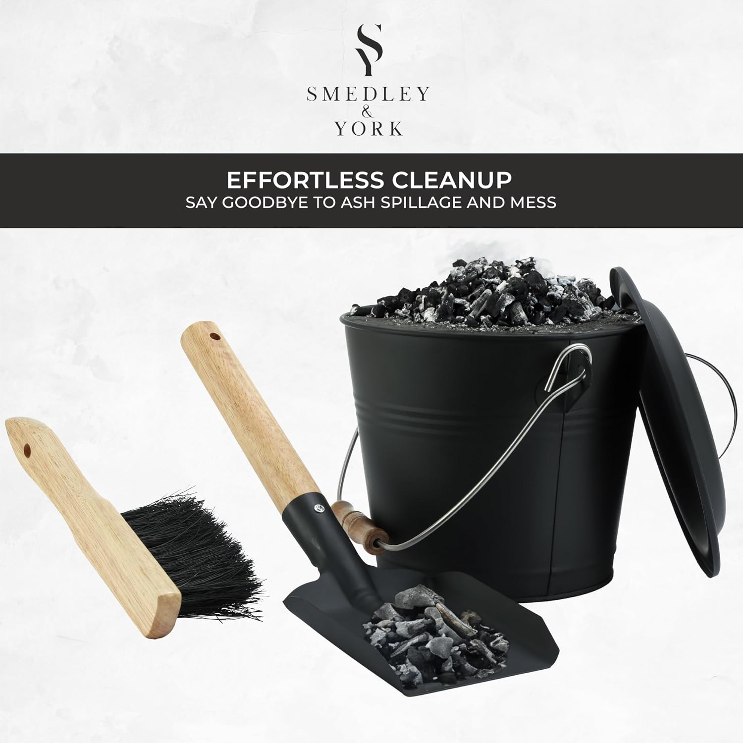 Smedley & York Mini Ash Bucket with Lid, Includes Fireplace Tools, Pail, Shovel and Broom, 1.5 Gallon Charcoal Metal Bucket with Lid, Coal Bucket and Ash Can, Galvanized Iron Ash Bucket for Fireplace image number 5