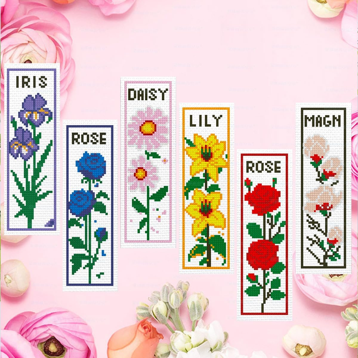 6 Set Bookmark Cross Stitch Kits Stitch Bookmarks Cross Stitch Kits with Instructions 6 Flowers Pattern Punch Needle Kit for Beginners Bookmarks Making Kit image number 6