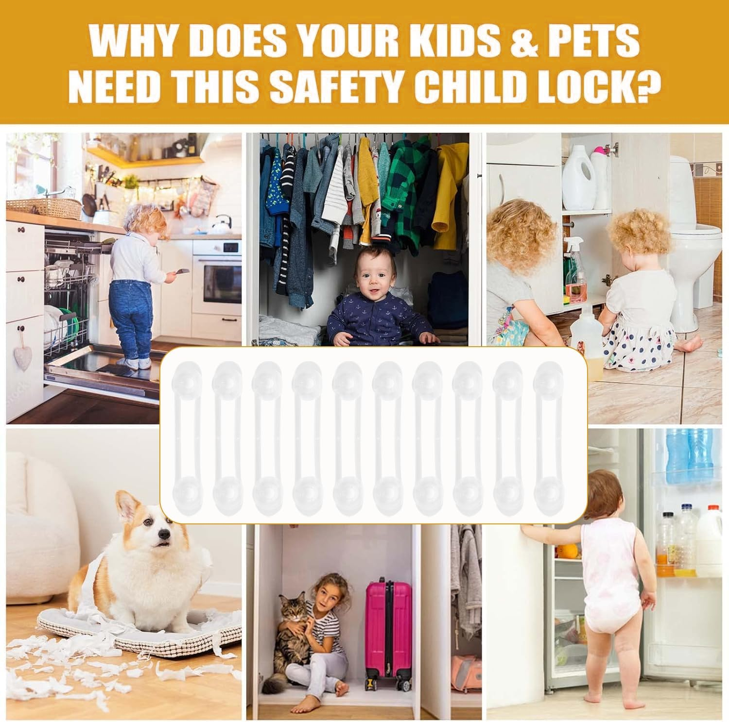 IONPSHG Child Locks for Cabinets and Drawers, 10Pcs Child Safety Locks, Baby Proof Cupboard Locks, Baby Proofing Latches to Drawer Door Fridge, No Drilling Adjustable Strap with 3M Adhesive Pads image number 5