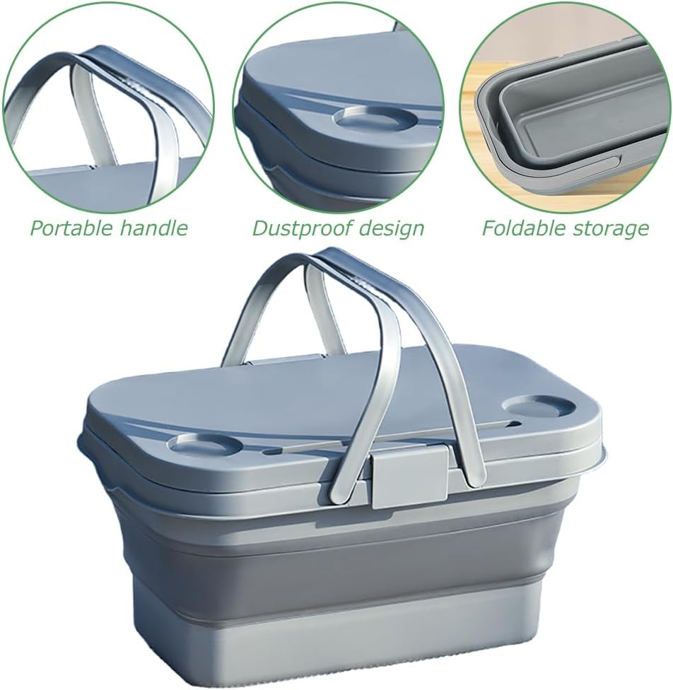 16L Collapsible Picnic Basket with Lid & Handles, 3-In-1 Foldable Table Bucket, Waterproof & Leakproof Storage Bin for Camping, Travel, Outdoor Picnic, Road Trips, Fishing