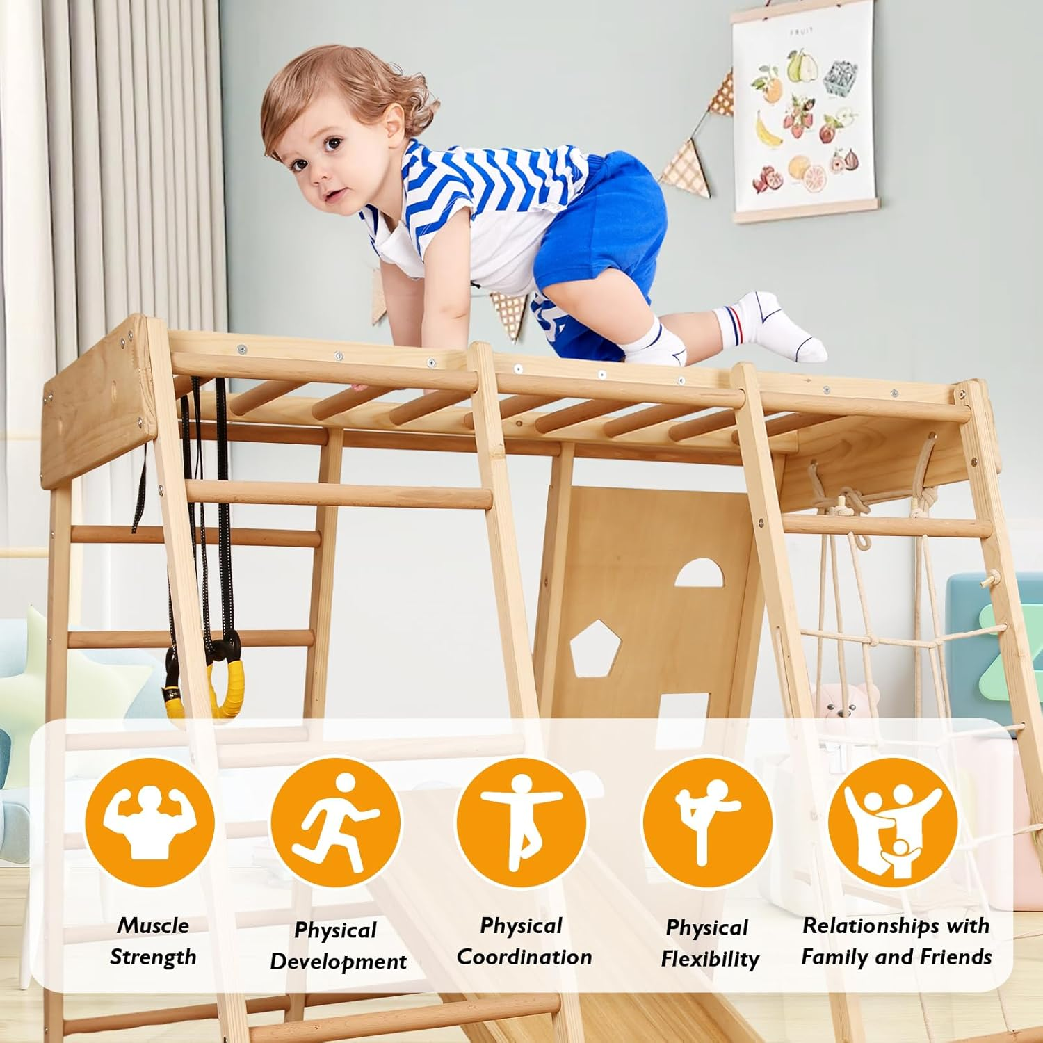 Indoor Playground Toddler 8-In-1 - Climbing Toys for Toddlers with Gymnastic Rings, Swing, Climbing Wall & Monkey Bars, Indoor Jungle Gym for Physical Development image number 3