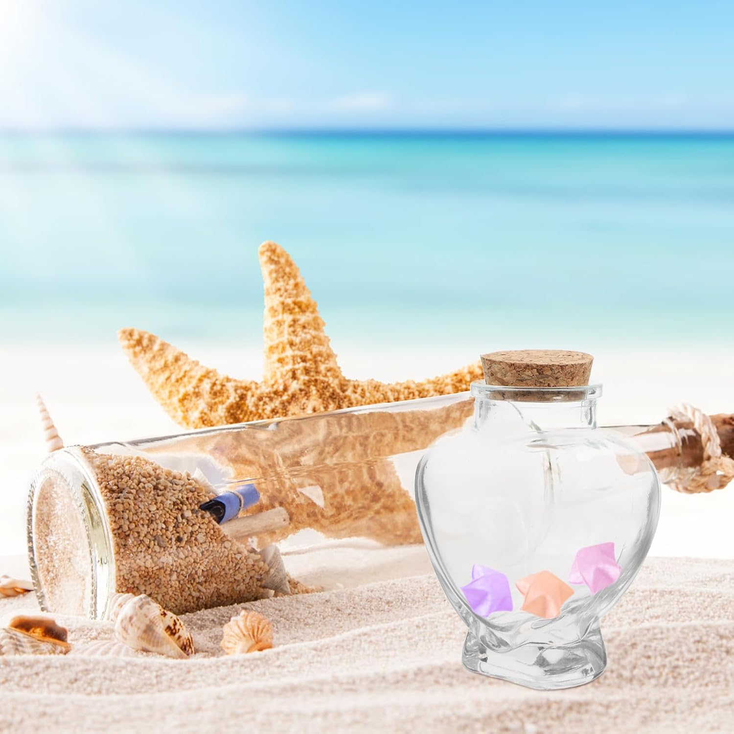 Cabilock 4Pcs Mini Glass Bottle Heart Shaped Glass Wish Bottles with Cork Lids, 5.6Oz Keepsake Jars for Wedding Favours, Honeymoon Sand Memory Jars, Assorted Colors, Ideal for Home Decor And image number 1