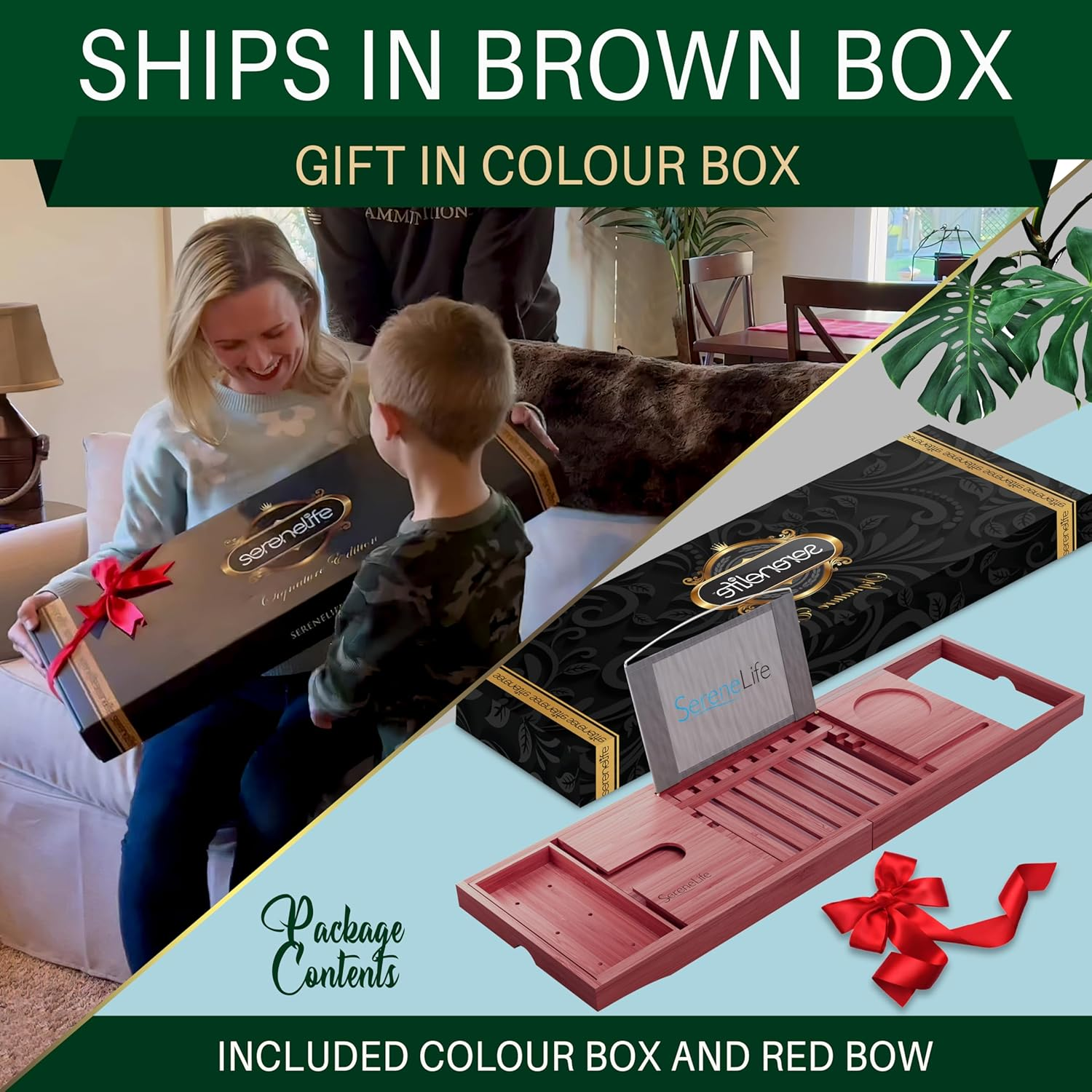 Serenelife Bamboo Bathtub Caddy with Luxury Gift Box and Red Gifting Ribbon Extendable & Adjustable Tray with Device/Book Holder with Removable Trays for Bath Accessories (Stain Brown) image number 4