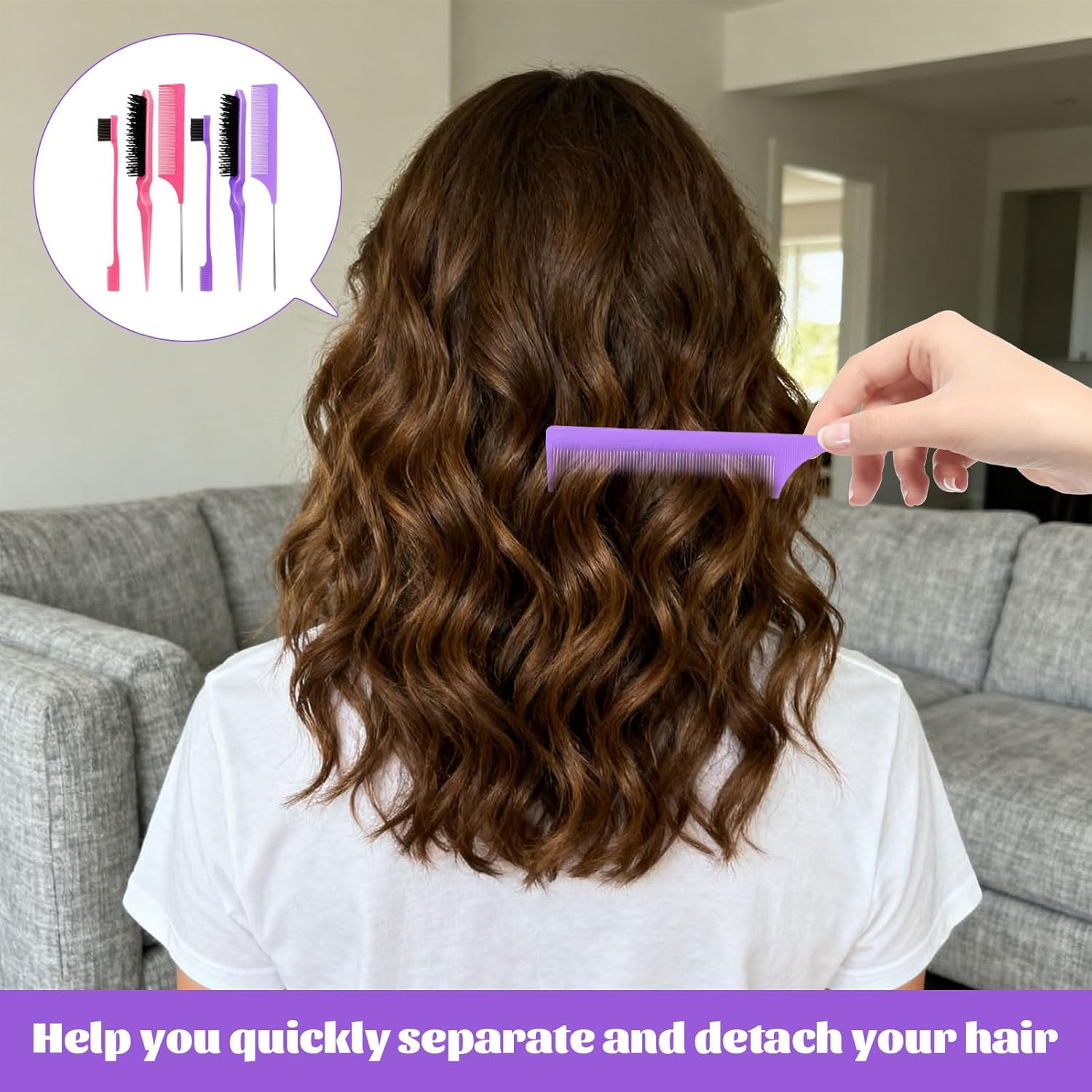 Slick Back Brush, 6 Pcs Slick Brush Set, Slick Hair Brush, Bristle Hair Brush, Rat Tail Comb, Edge Brush, Hair Styling Tools for Women Parting Comb Styling Tools & Appliances (Pink & Purple) image number 1