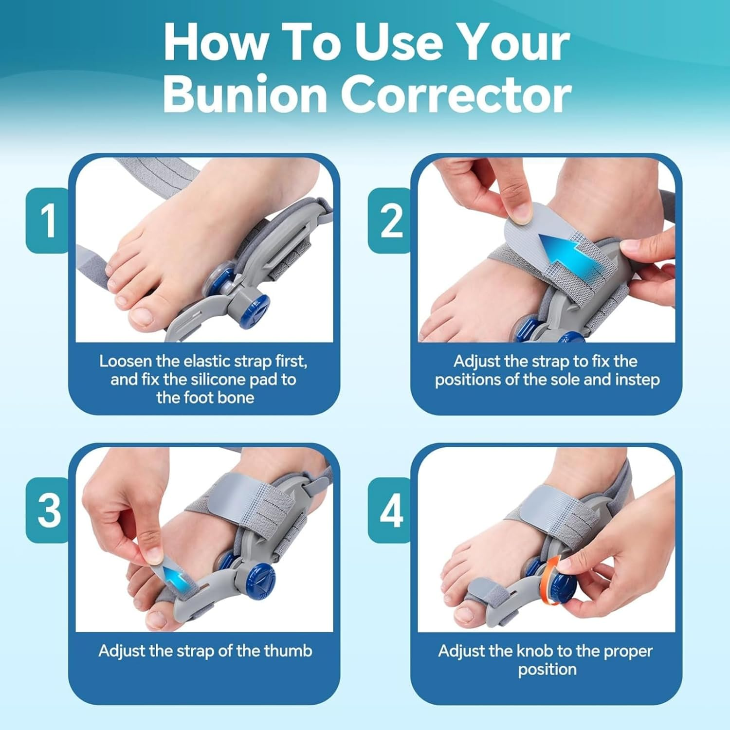 Bunion Corrector for Women & Men, Adjustable Bunion Corrector with Soft Gel Pad, Anti-Slip Toe Separators for Bunion Relief, Toe Straightener, Suitable for Left and Right Feet (Gray) - Gray image number 6