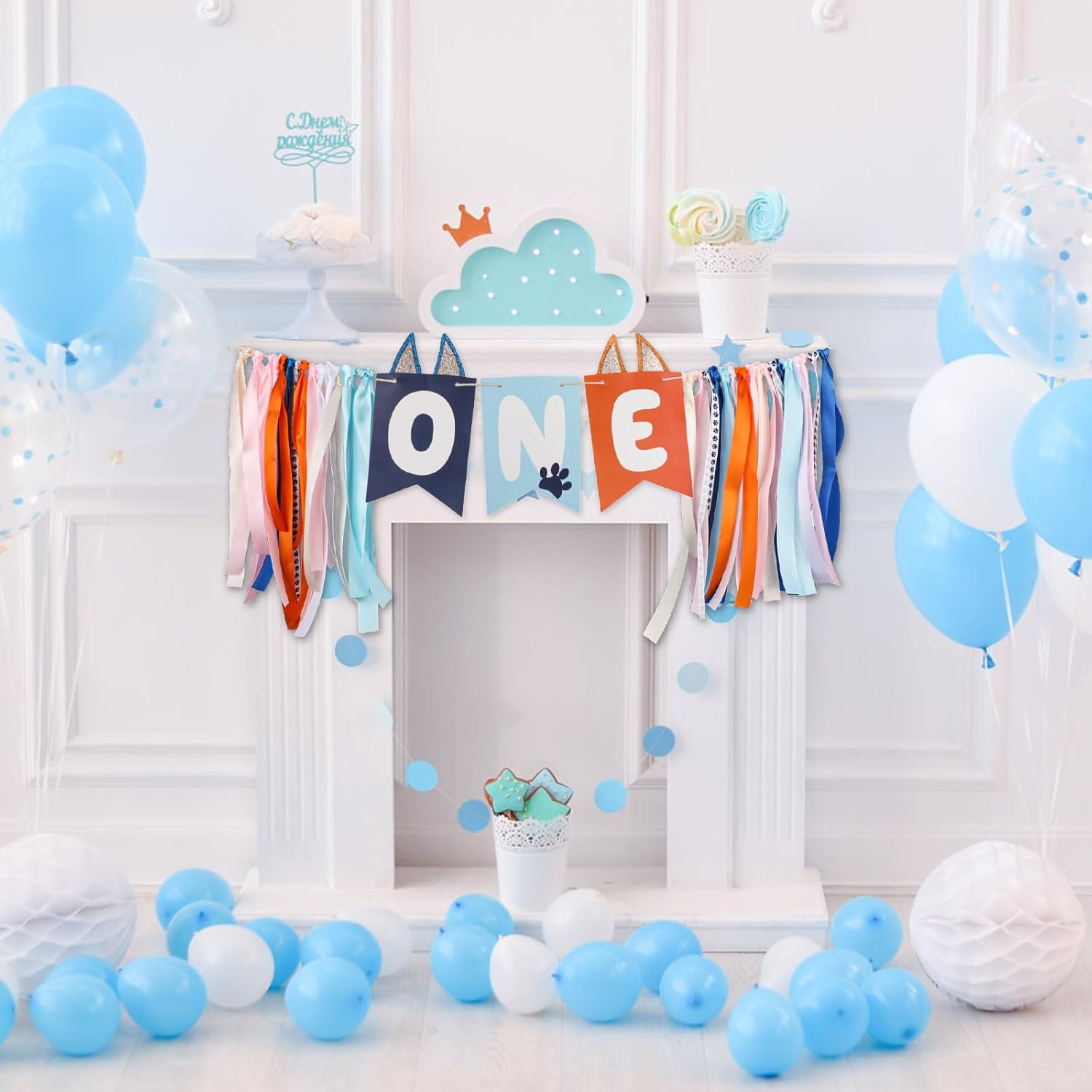 Light Blue Navy Brown Orange First Birthday High Chair Banner, Cute Puppy Paw Print Highchair Banner First Birthday Boys and Girls First Birthday Decor Birthday Backdrop Banner image number 3