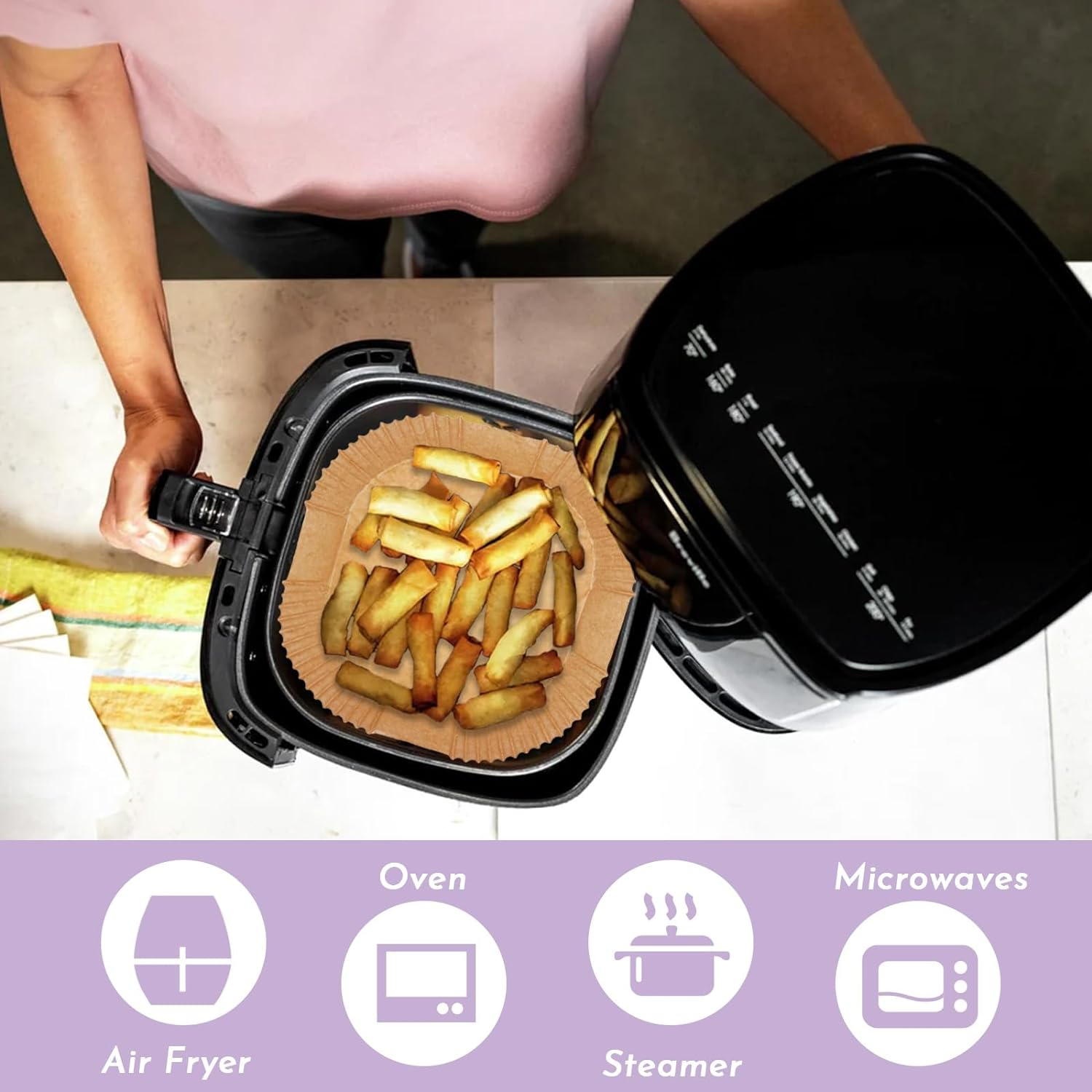 Enkis Air Fryer Liners, 150Pcs Air Fryer Paper Liners Square-9.8Inch/25Cm*4.5Cm, Non-Stick Air Fryer Parchment Liners, Air Fryer Disposable Paper Liner for 5L-7.5L Air Fryer (Large-25Cm) image number 2