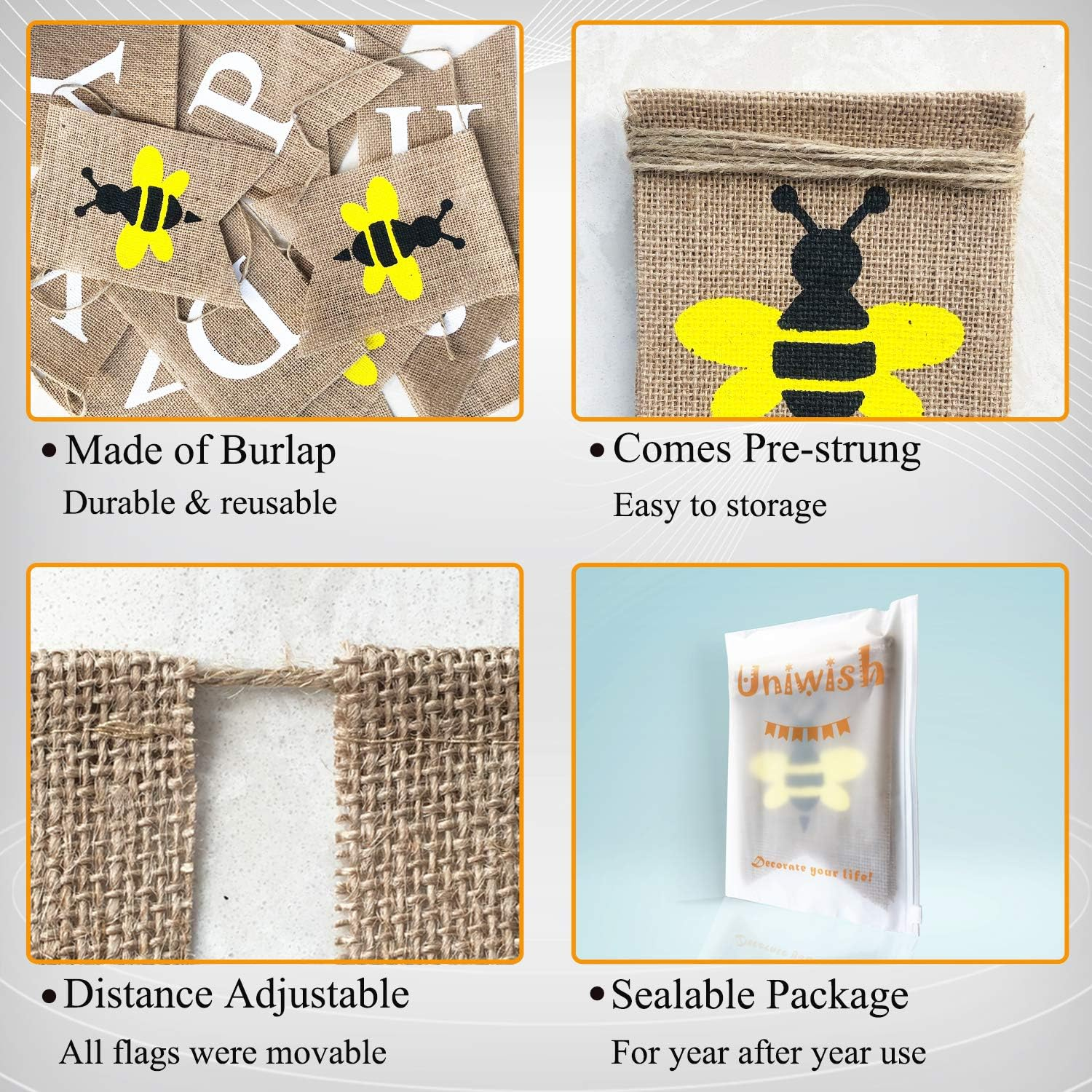 Uniwish Happy Bee Day Burlap Banner Bumblebee Themed Baby Shower Birthday Party Decorations Rustic Gifts for Boys Girls image number 4