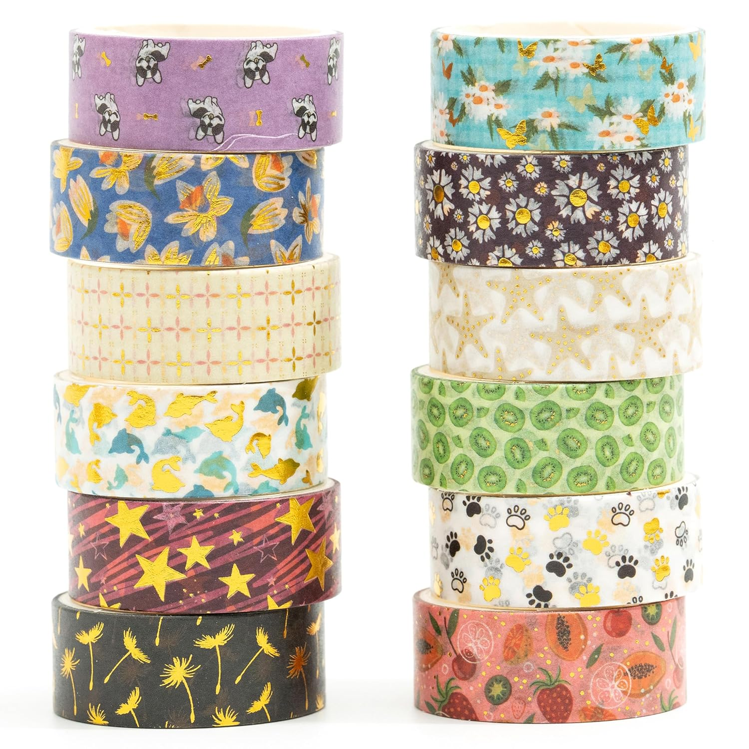 Songdao 12 Rolls Charming Washi Tape Set Gold Silver Foil Detailing Arts Adhesive Tapes Basic Patterns Decorative Masking Tape Sets for Craft, Kids, Scrapbook, DIY, Gift Wrapping (Whimsical Pastels)