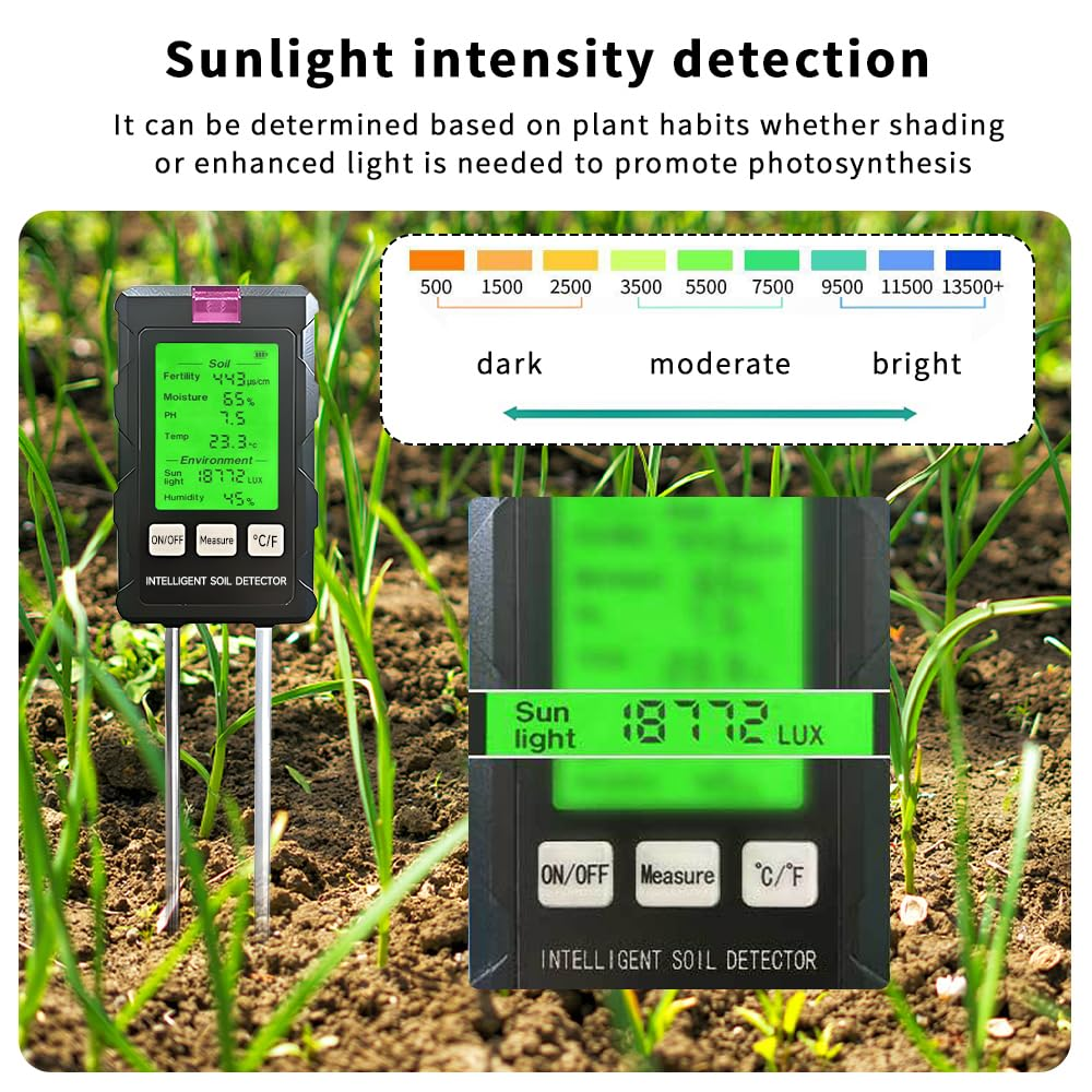 QUMOX 6-In-1 Soil Tester Meter with Rotatable Screen &ndash; Measures Ph, Moisture, Fertility, Temperature, Sunlight, Air Humidity &ndash; Digital Soil Analyzer for Garden, Lawn, Greenhouse image number 4