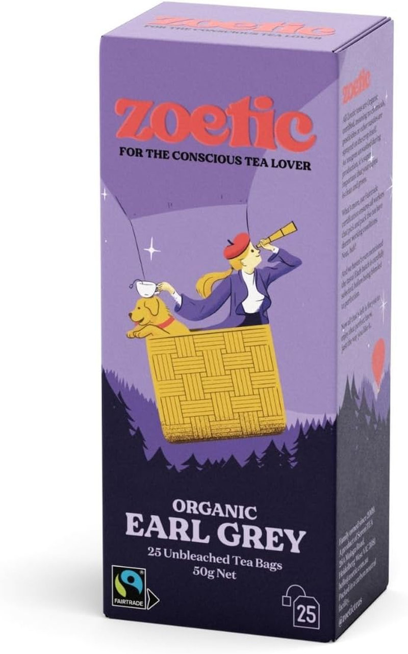 Zoetic, Organic Earl Grey Tea Bags, 25 Pack - a Premium Blend of Black Tea from Ceylon with a Hint of Bergamot, a Fragrant Citrus Fruit. Distinct Flowery Flavour and Aroma.