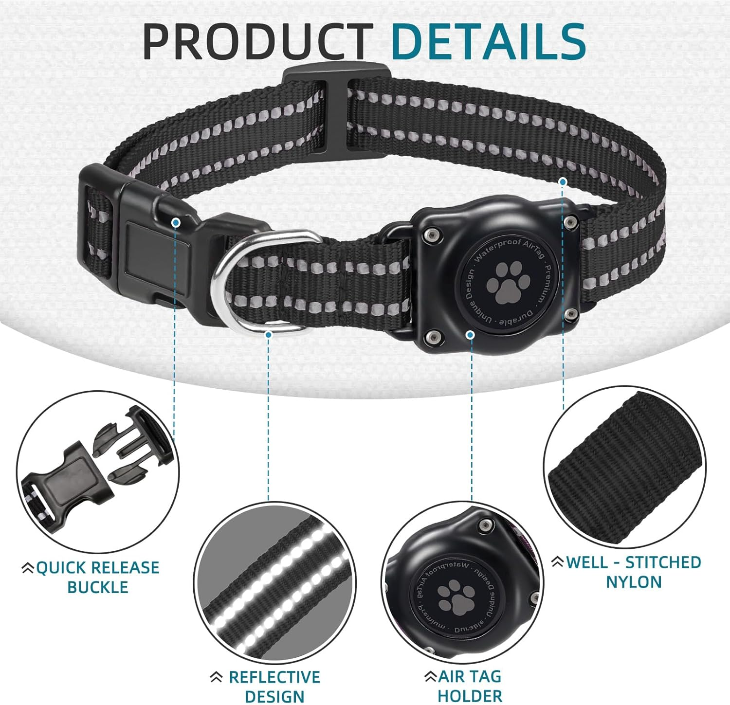 Airtag Dog Collar, 100% Waterproof Integrated Apple Air Tag Dog Collars, Reflective GPS Dog Collar with Hard PC Airtag Holder Case for Small Medium Large Dog (Black) image number 2