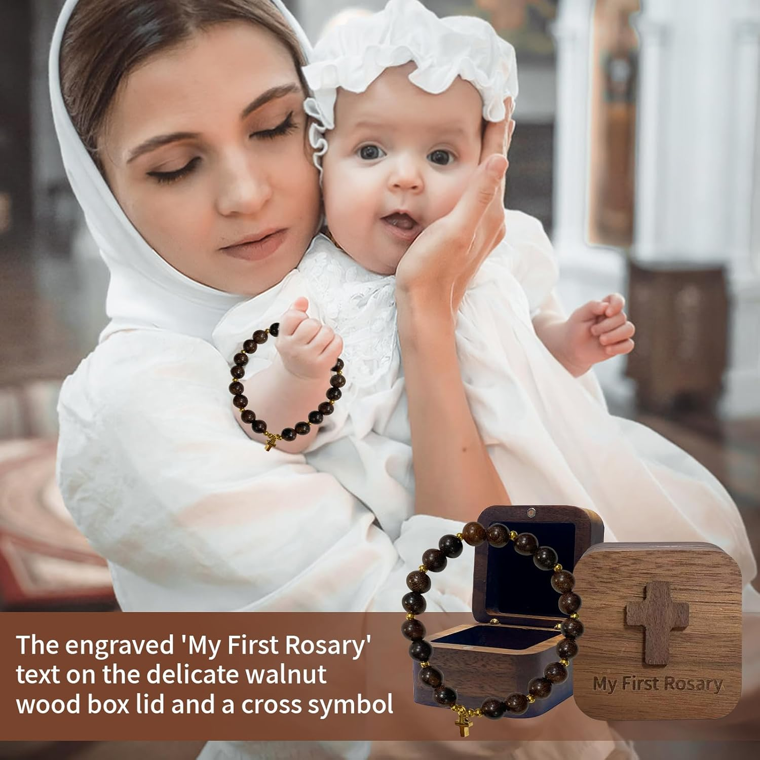 My First Rosary with Walnut Wood Keepsake Box, Catholic Baptism Gifts, Baby Rosary, Shower Rosary Beads, First Holy Communion Gifts for Boy and Girl image number 2