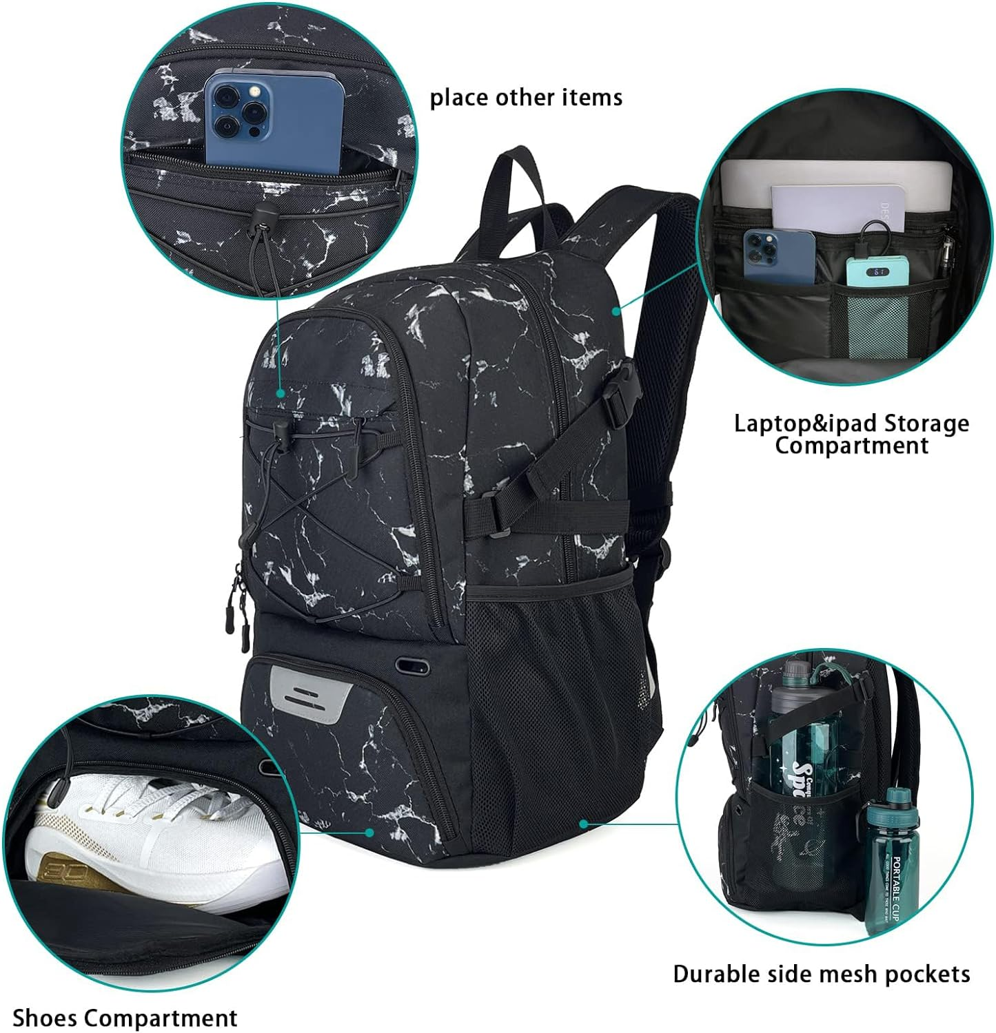 Basketball Backpack with Ball and Shoes Compartment Fit Volleyball, Soccer, Swim, Gym, Travel, and School, Large Capacity Sports Training Equipment Bags(Black) - Red image number 3