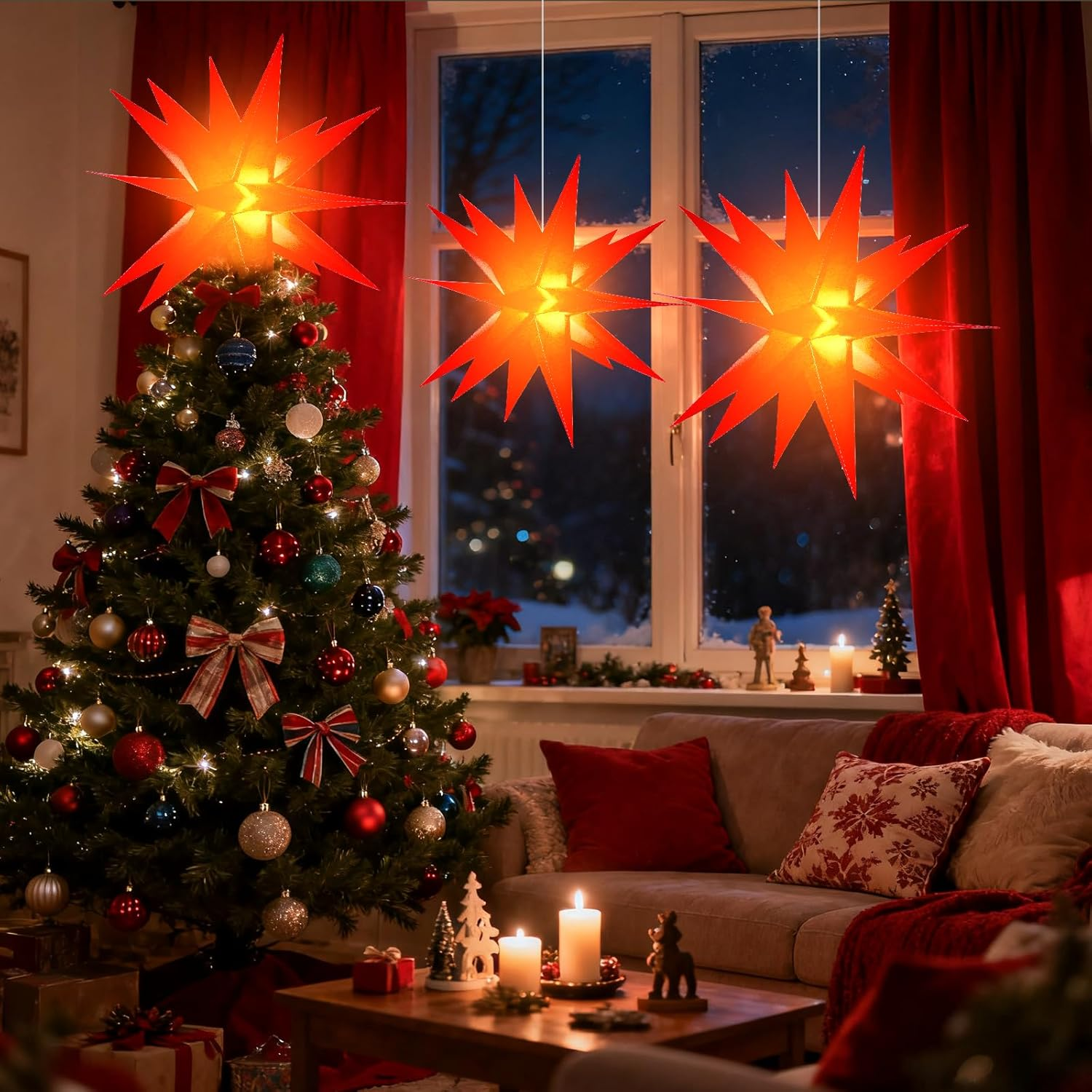 BAYHT 60 Cm Christmas Star Illuminated, 3D LED Christmas Tree Topper, Star Battery with Timer, Advent Star for Decorating Christmas Tree, Courtyard, Balcony and Garden image number 4