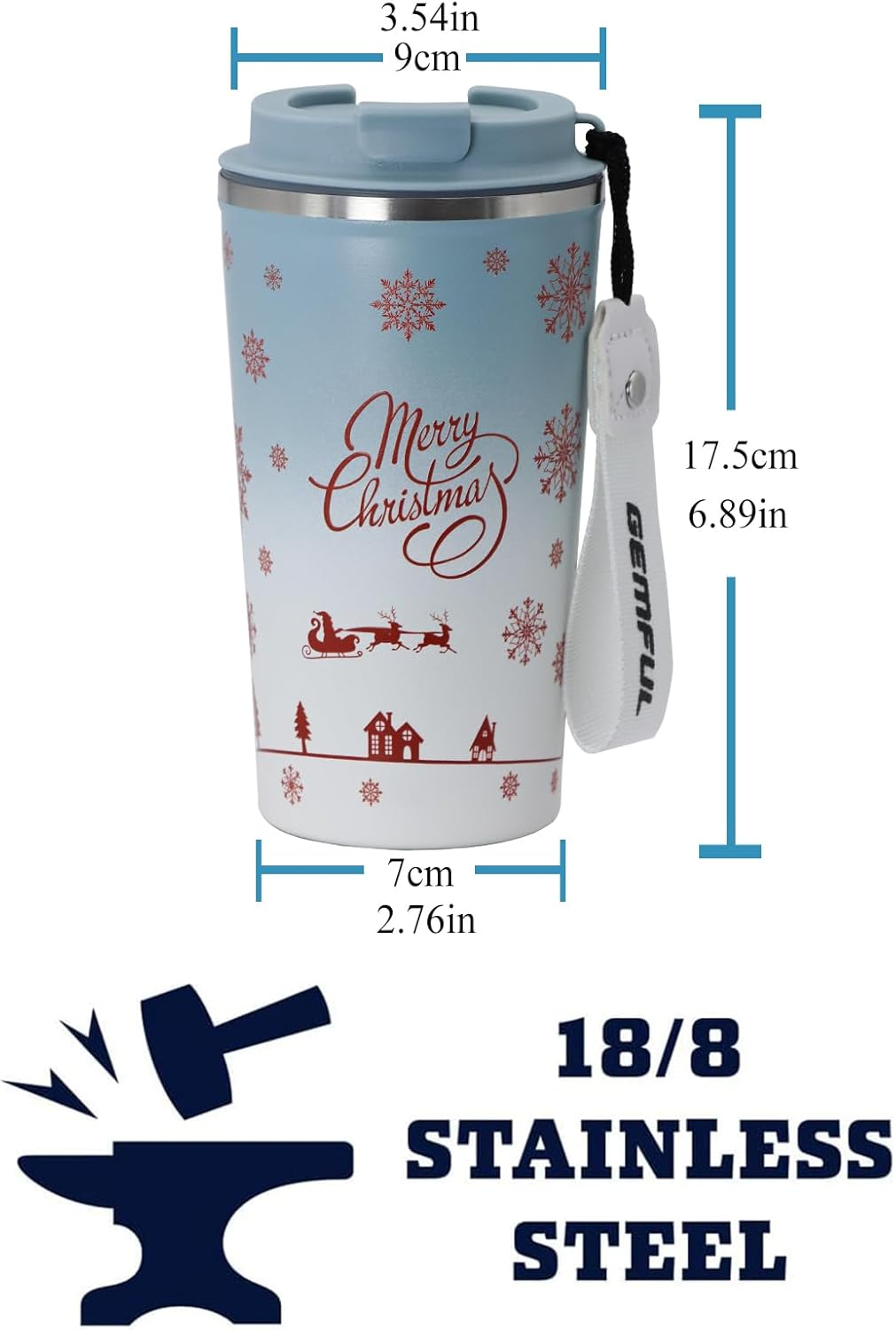 GEMFUL Christmas Coffee Tumbler Screw on Lid 510 Ml Stainless Steel Thermal for Women Friends or Coworker - 2 Pack(Blue+Red) image number 4