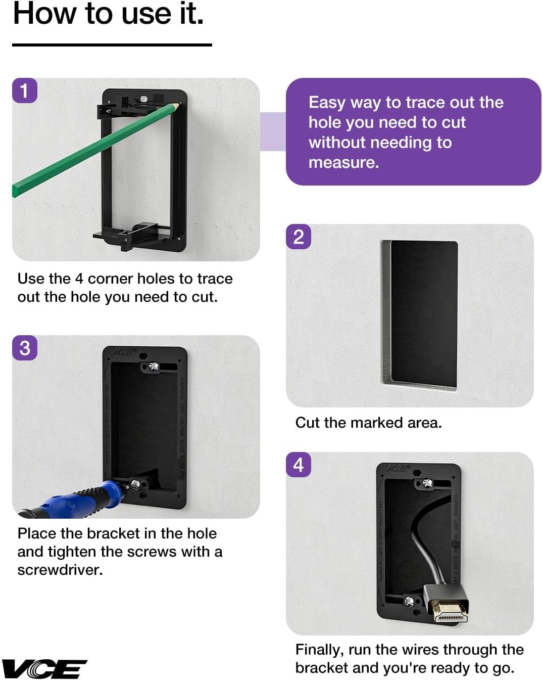 VCE Low Voltage Mounting Bracket (1 Gang, 5 Pack) for Single Gang Wall Plate, Telephone Wires, Network Cables, HDMI, Coaxial, Speaker Cables, Black image number 2