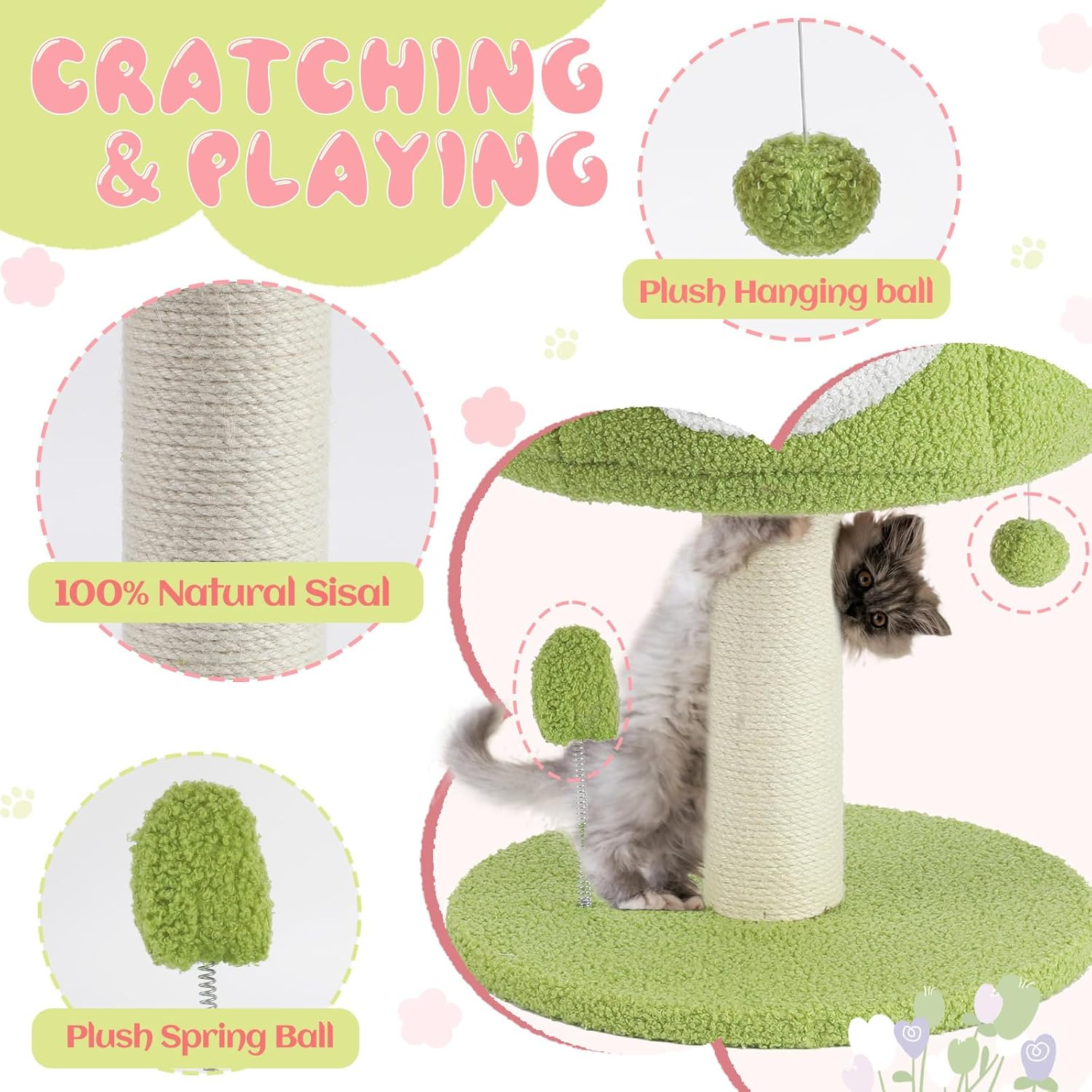 EMUST Flower Cat Tree with Bed, 28.74Inch Cat Tower with Scratching Post & Cozy Condo, Christmas Cute Sisal Cat Scratcher with Plush Hang Spring Ball Toys, Removable Cat Bed for Indoor Adults Cats image number 1