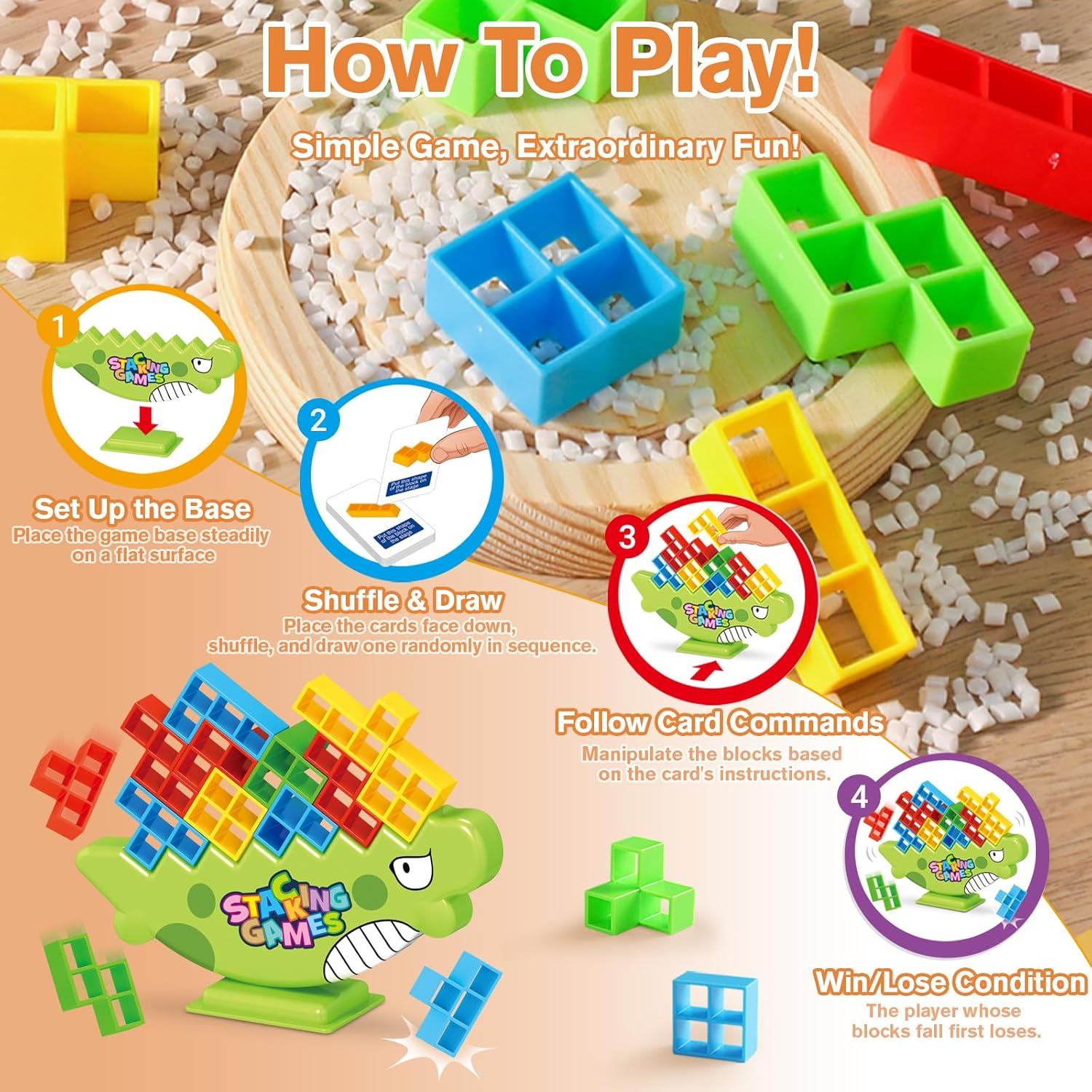 Kids Dinosaur Tower Stack Game! 64PC Upgraded Stacking Blocks &ndash; Bigger, Smoother & Faster | STEM Toys for Kids Ages 3-12 & Adults | Family Party Game for Birthdays & Holidays image number 2