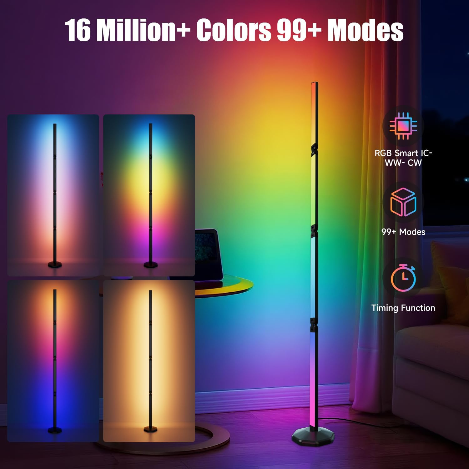 RGB Smart Floor Lamp, 171CM LED Corner Lamp, Modern Floor Lamp with Music Sync and 16 Million DIY Colors, Ambiance Color Changing Standing Lamp for Bedroom Living Room Gaming Room image number 4