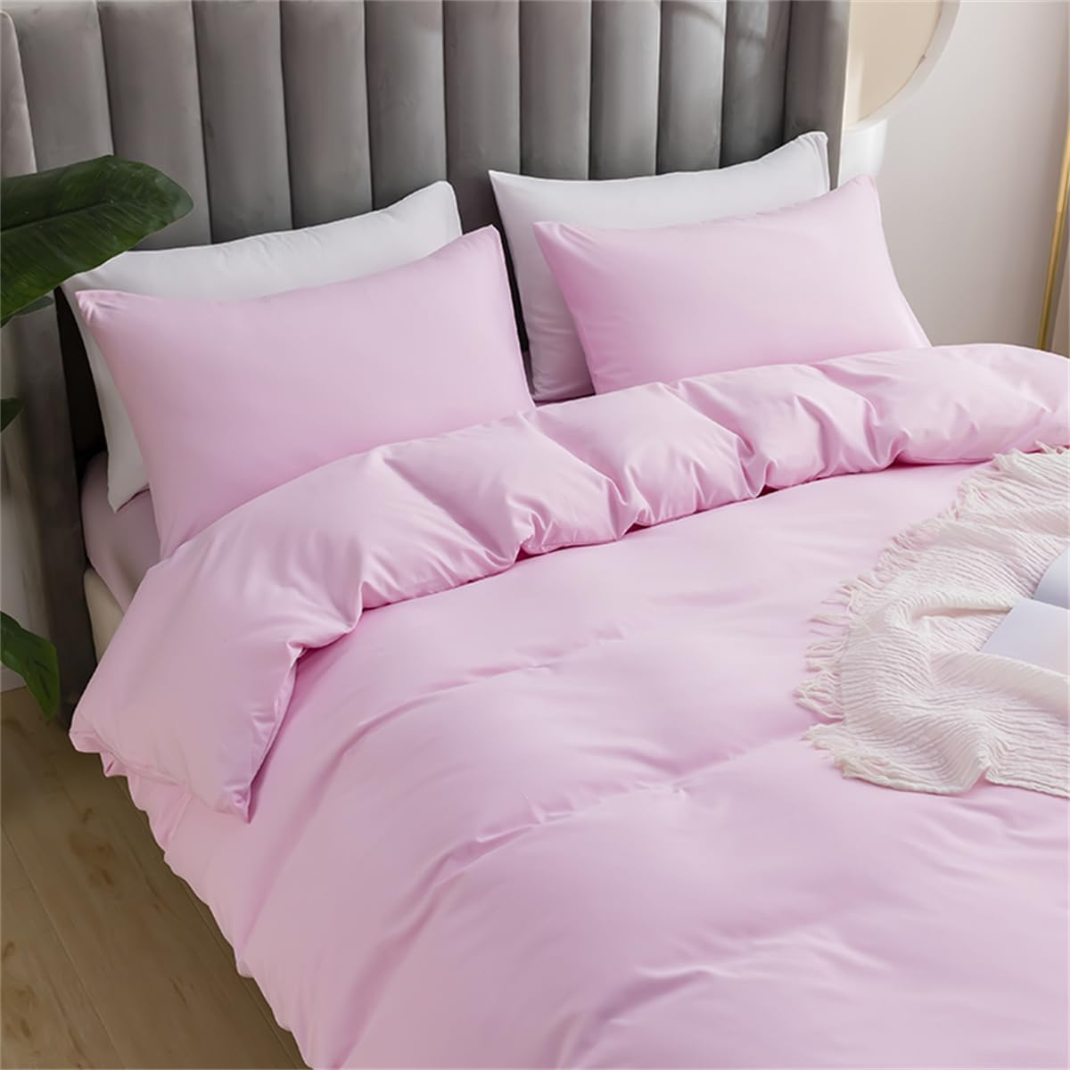Solid Color Duvet Cover Set, 3 Pcs Doona Cover Set Microfiber Bedding Set for Teens Kids Adult, Lightweight Durable Reversible (Pink, Quilt Cover Set - Double)
