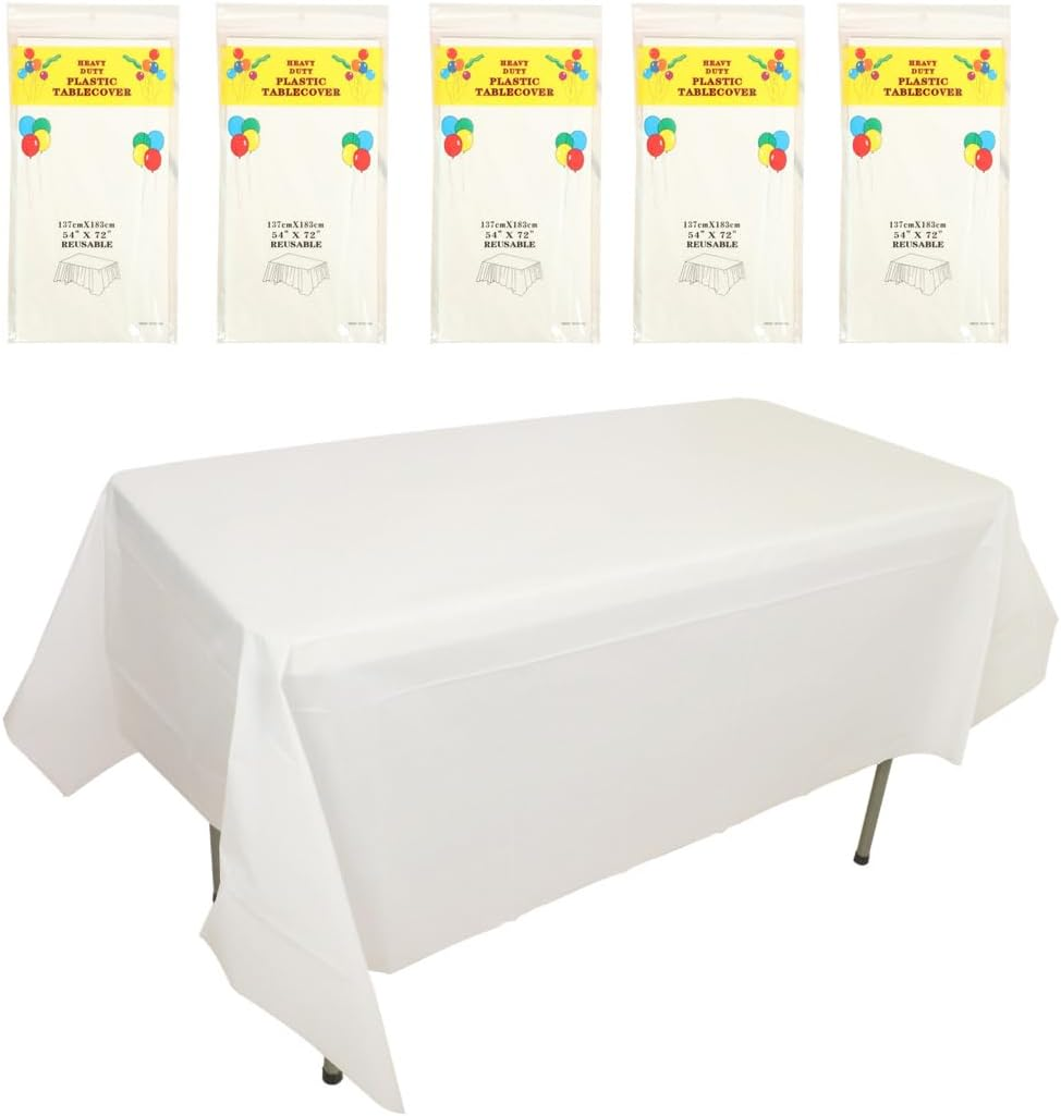 Aoozleny Premium Disposable Plastic Tablecloth (54 X 72 Inches), Decorative Rectangle White Table Cover for Wedding, Party, Banquet [5 Pack] (Pink)