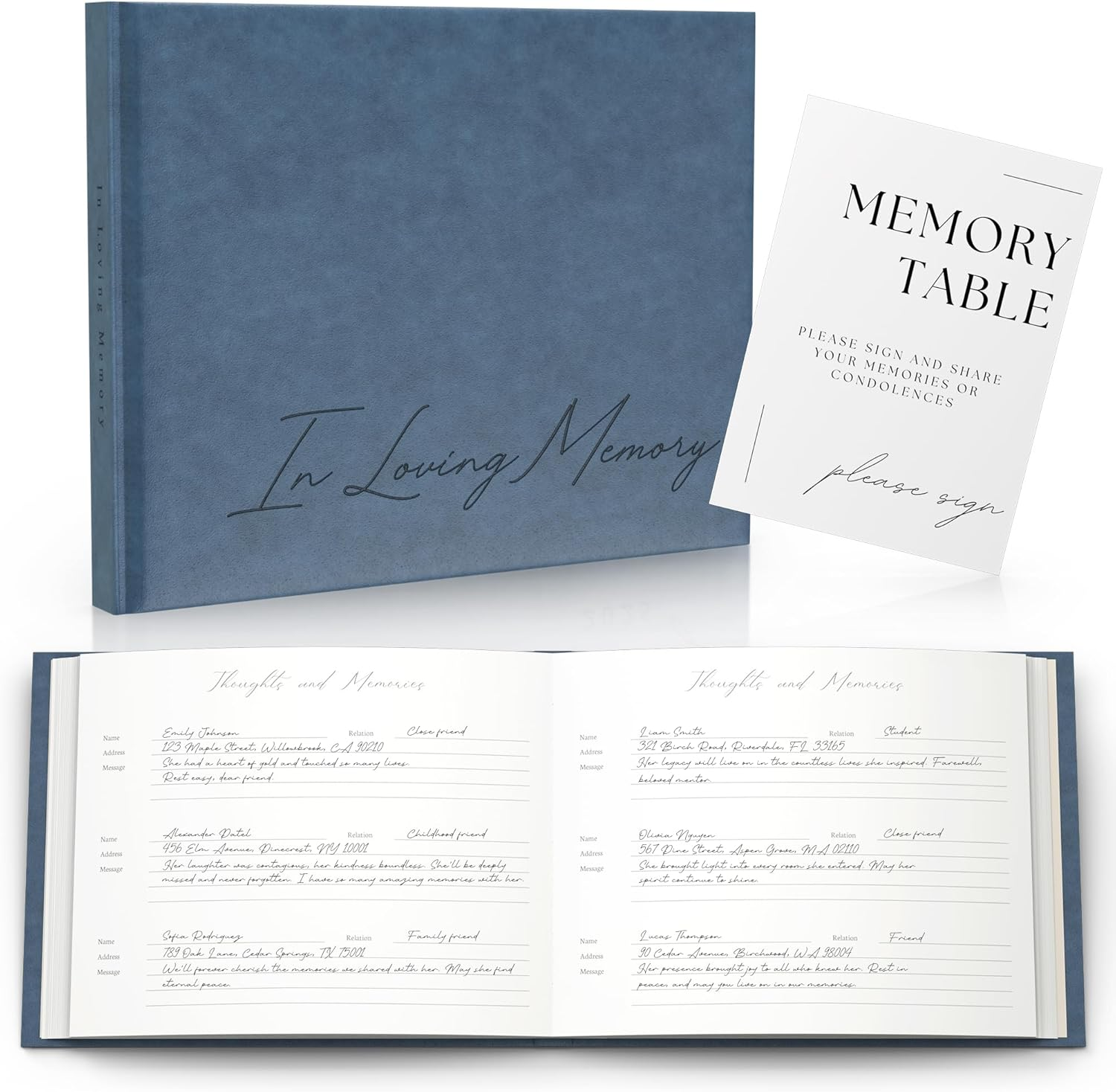 Funeral Guest Book for 2025 Celebration of Life Memorial Service - Leather Memory Book for Funeral Guests to Sign in with Condolence Memory Table Sign & Back Pocket - Blue Guestbook