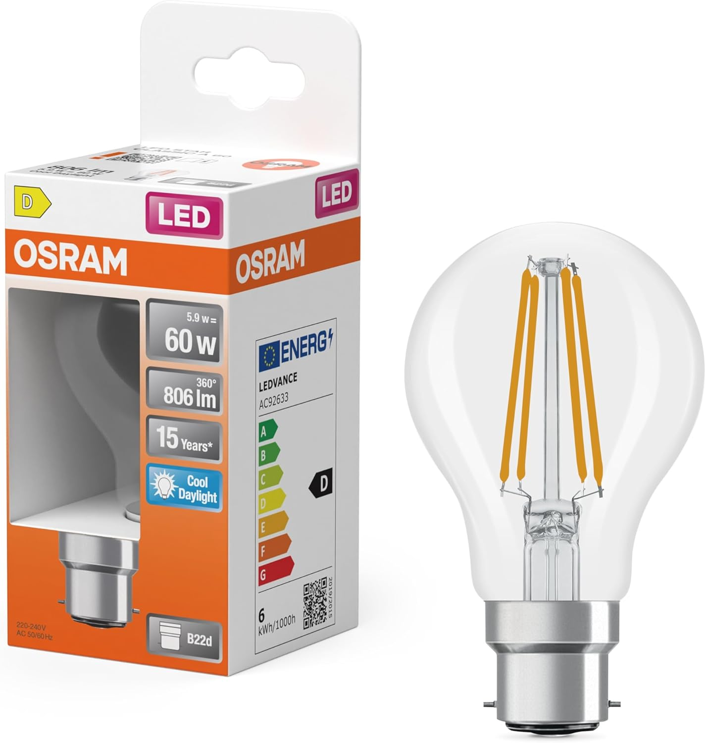 OSRAM LED Star Classic a 60 Lamp with Innovative LED Filament Technology, Bulb Shape, 5.9 W/806 Lumens, EEK D, Cool Daylight White at 6500K, Made from Lead-Free Clear Glass, B22D Base, 60 Mm Diameter image number 2