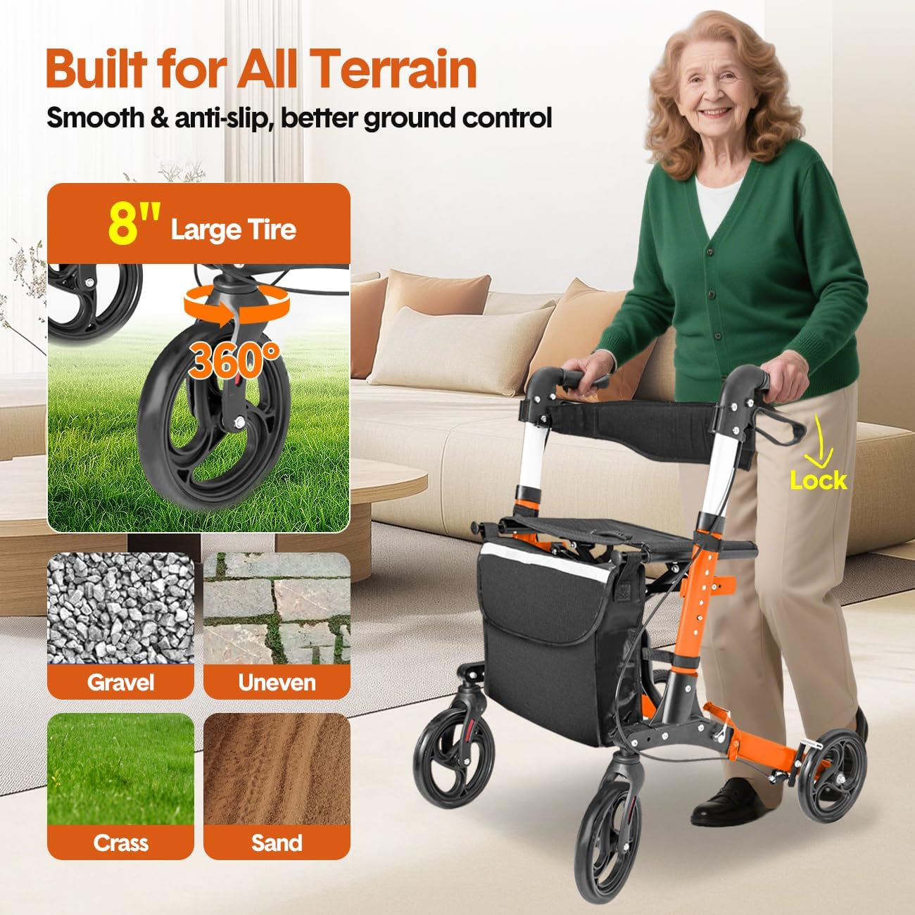 Rollator Walker with Seat, 4 Large Wheels, Height Adjustable Mobility Walking Aid Support for Senior, Foldable with Brakes Orange image number 1
