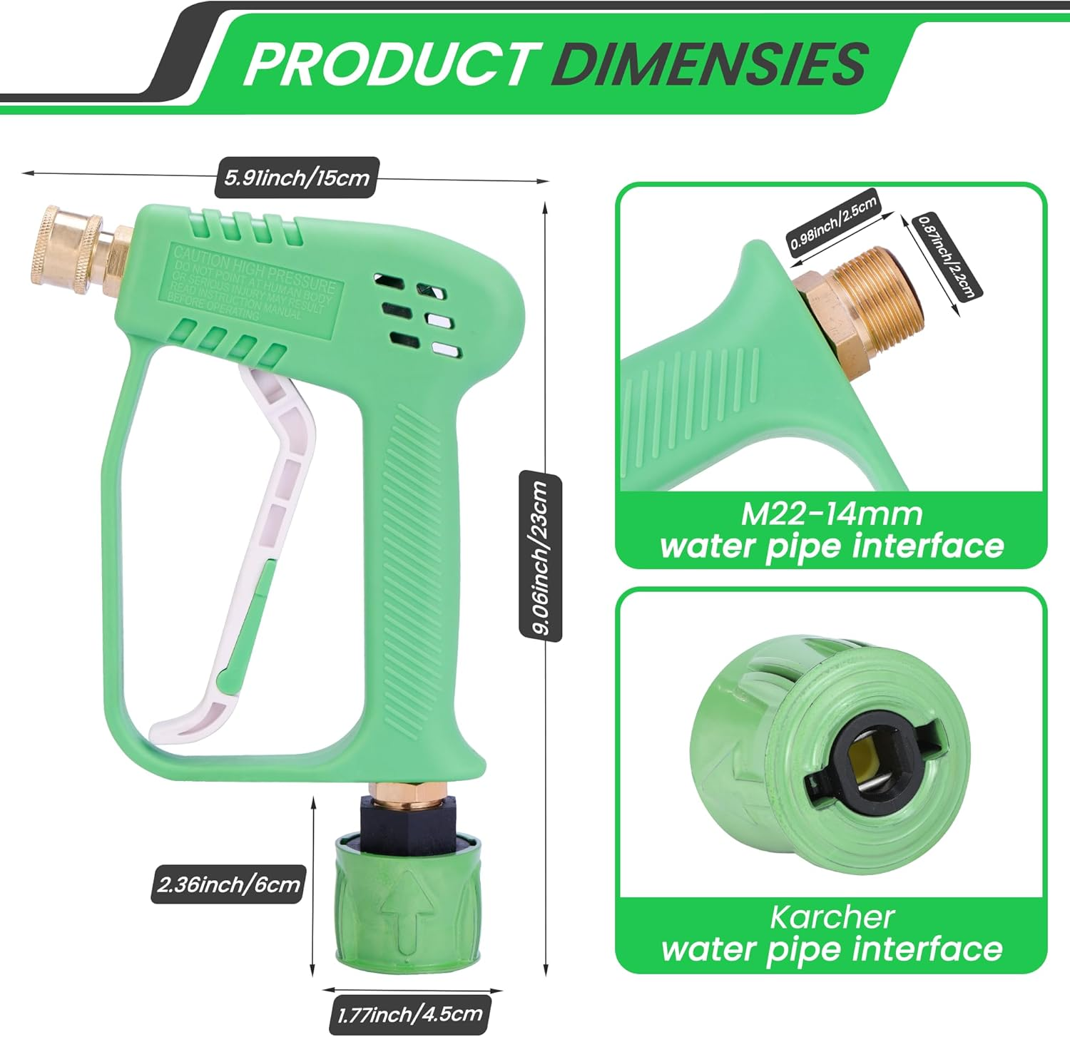 Short Pressure Washer Handle Gun with 5 Nozzle,Stubby Pressure Washer Gun Compatible with Karcher Hose and M22-14MM Fitting Hose - Green image number 4