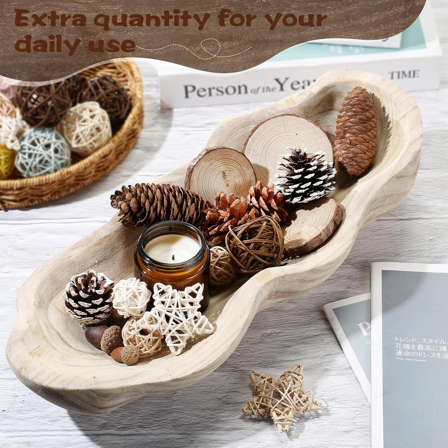 Nuogo 1 Pack 16 Inch Wavy Live Edge Dough Bowl Large Size Wood Rustic Dough Bowl Decorative for DIY Farmhouse Home Supplies Kitchen Decoration(Light Color) image number 2