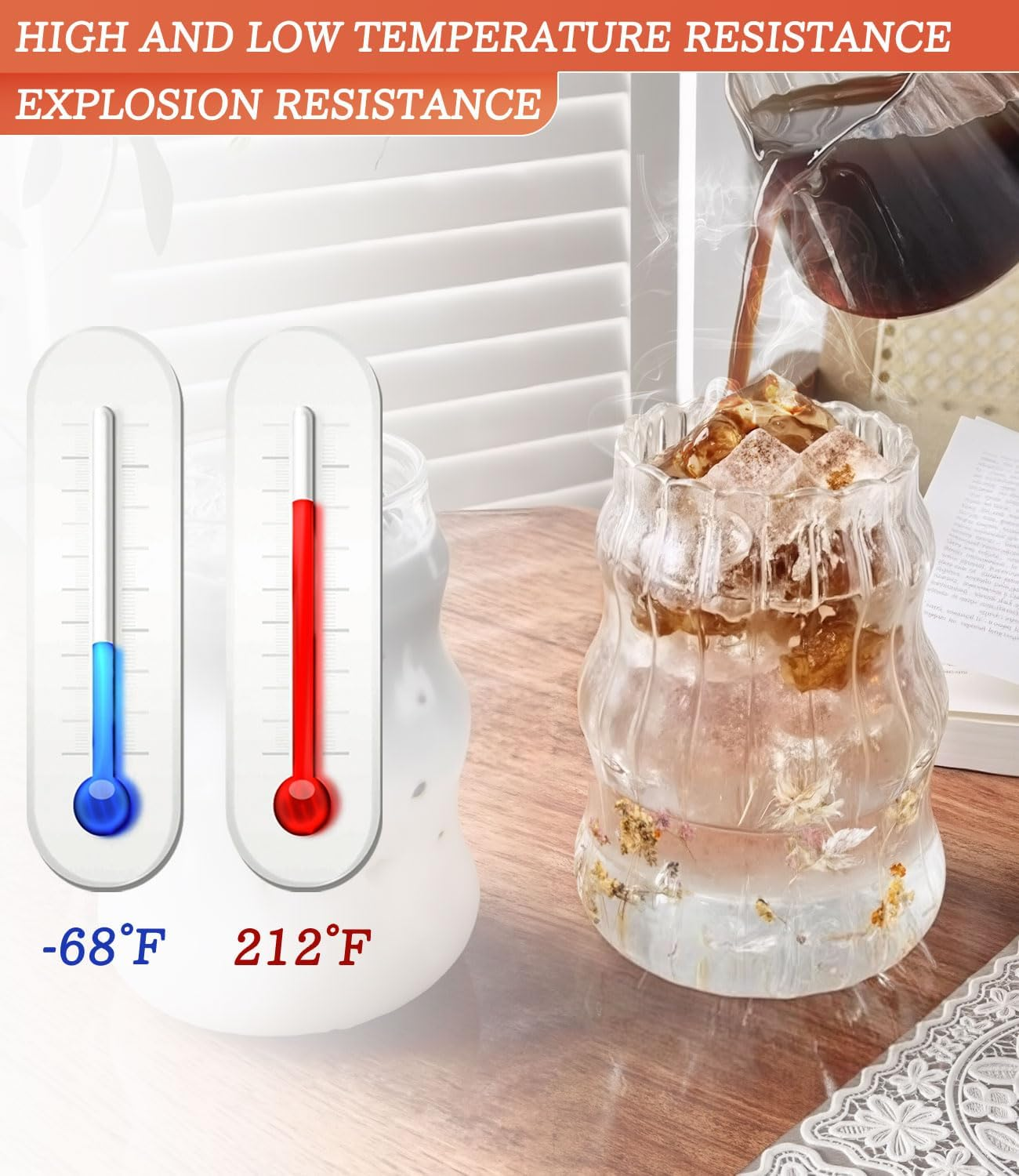 Shanghigh Drinking Glasses with Glass Straw - 7Pcs Cup Set with 16Oz Glass Cup, Staws, Cleaning Brushes and Bamboo Lids, Bubble Cup Glassware with Wave Shape for Drinks, Iced Coffee, Matcha, Tea image number 5