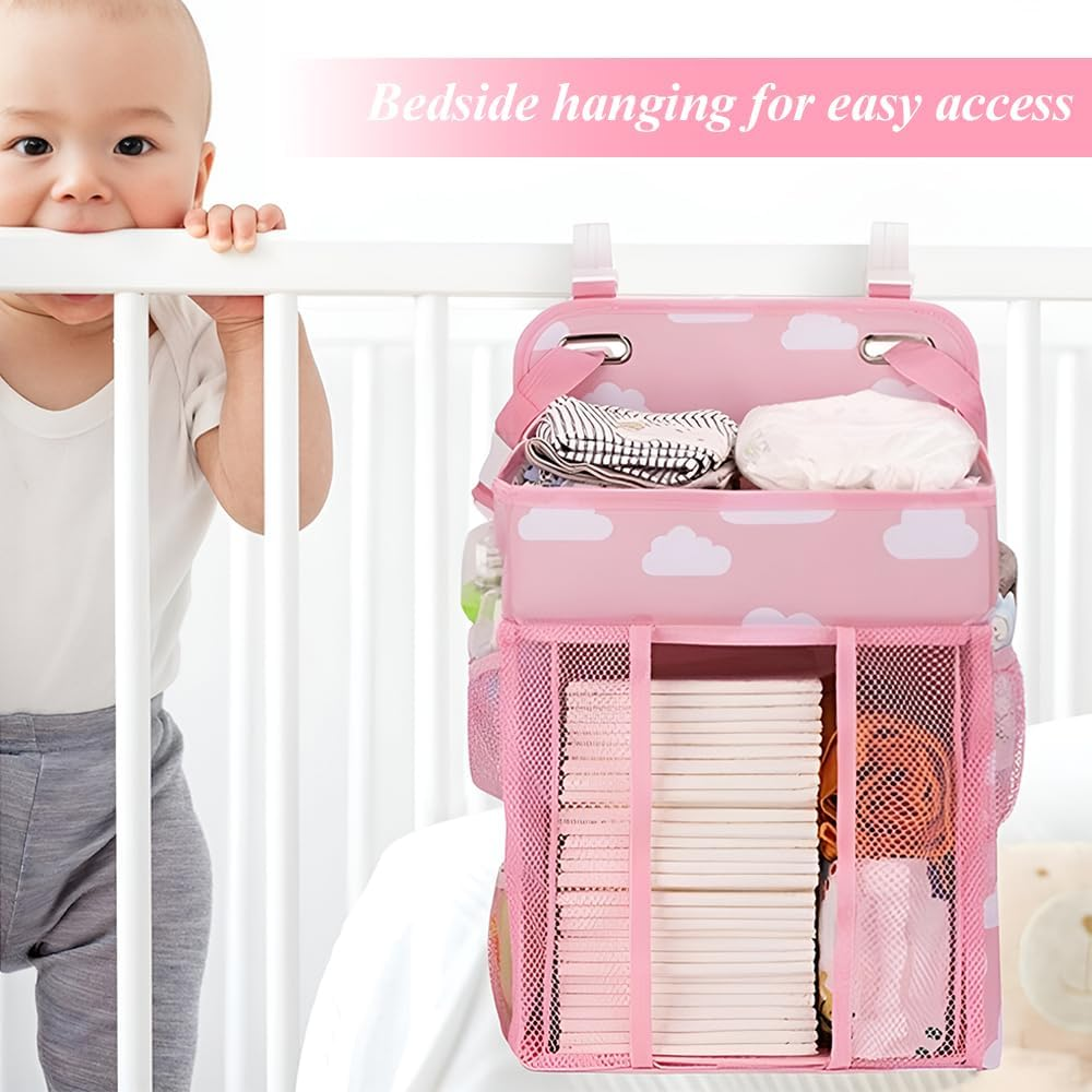 TOMVAES Hanging Nappy Organiser, Changing Table Caddy for Cot, Playard, Nursery with Mesh Pockets (Pink) image number 4