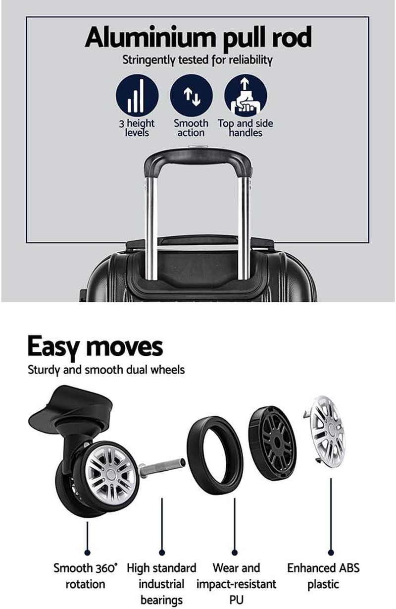 Wanderlite Luggage Set 3Pcs Black Suitcase Hand Luggages Travel ABS Hard Case Hardside Shell, Lightweight Trolley Carry on Bag, TSA Lock 6Pcs Storage Organisers image number 5