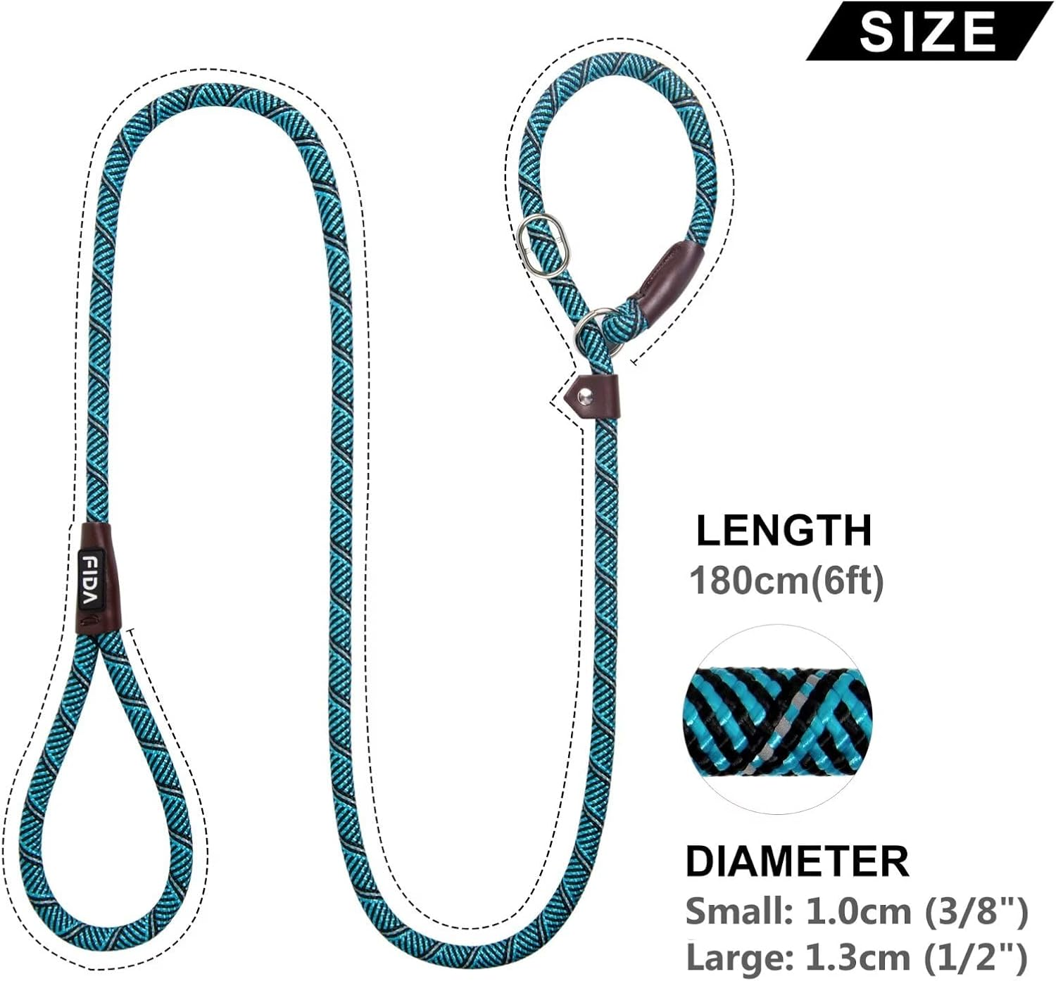 Fida Slip Lead for Dogs | 1.8M, One-Size-Fits-All, Slip-On Rope Leash. Easy to Slip On, No Collar or Harness Needed. Durable & Weather Resistant Climbers Rope with Reflective Stitching (Blue)