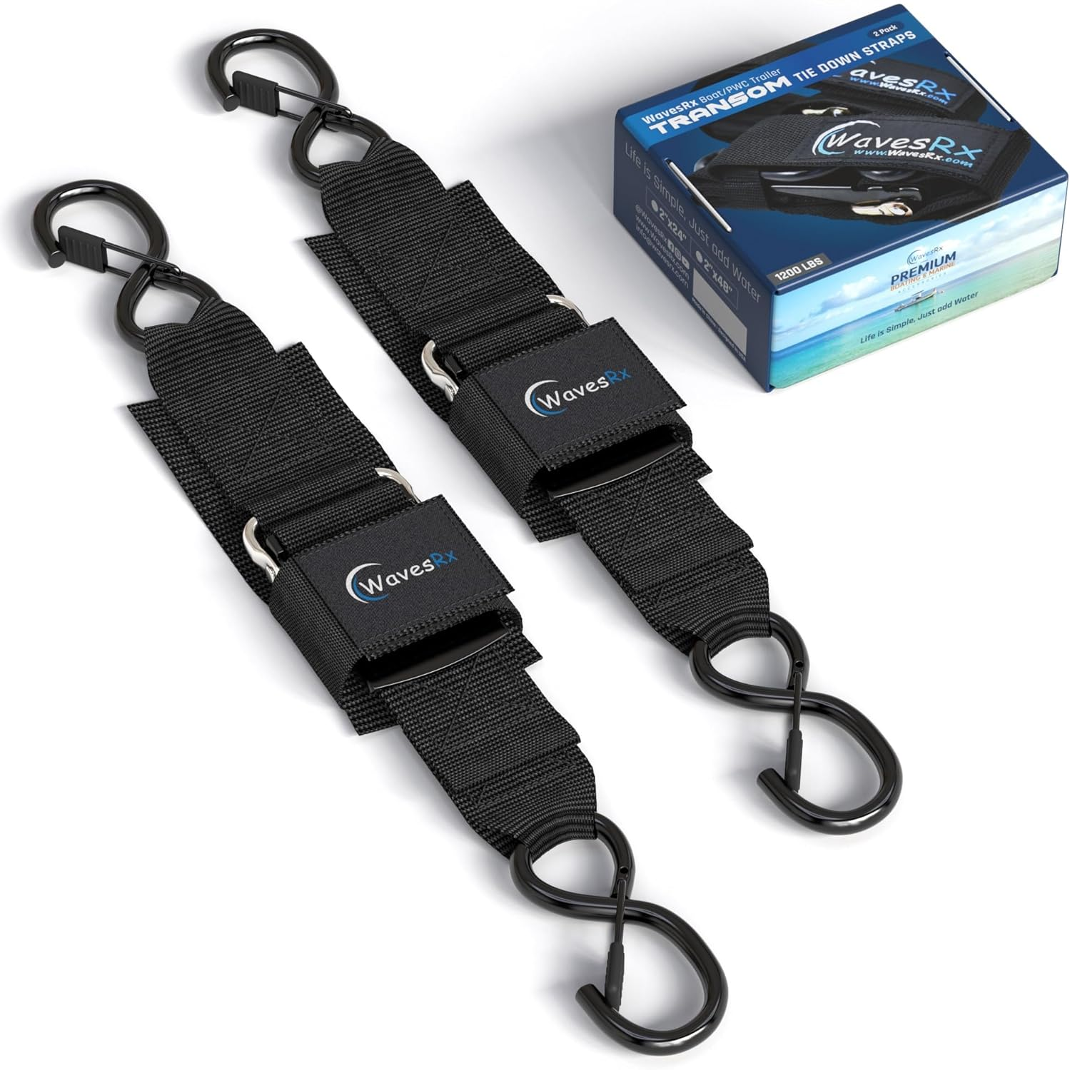 Wavesrx Marine Boat Trailer Transom Tie-Down (2 Pack) | Adjustable 2"X48" Safety Straps | 1200 LBS Capacity to Securely Transport Boats, Jet Skis and Other PWC image number 5