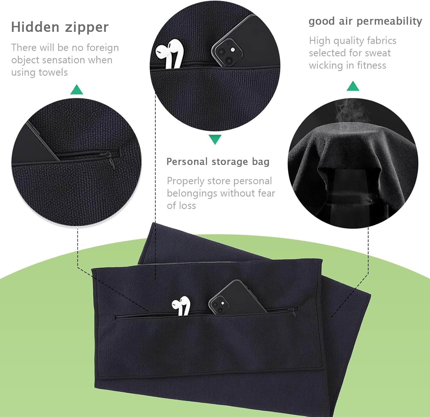 Premium Fitness Towel 50X130Cm Large Microfiber Gym Towel with Hidden Pocket Ultra Absorbent,Quick Dry Workout Towel for Yoga,Running Training Black Sports Towe image number 4