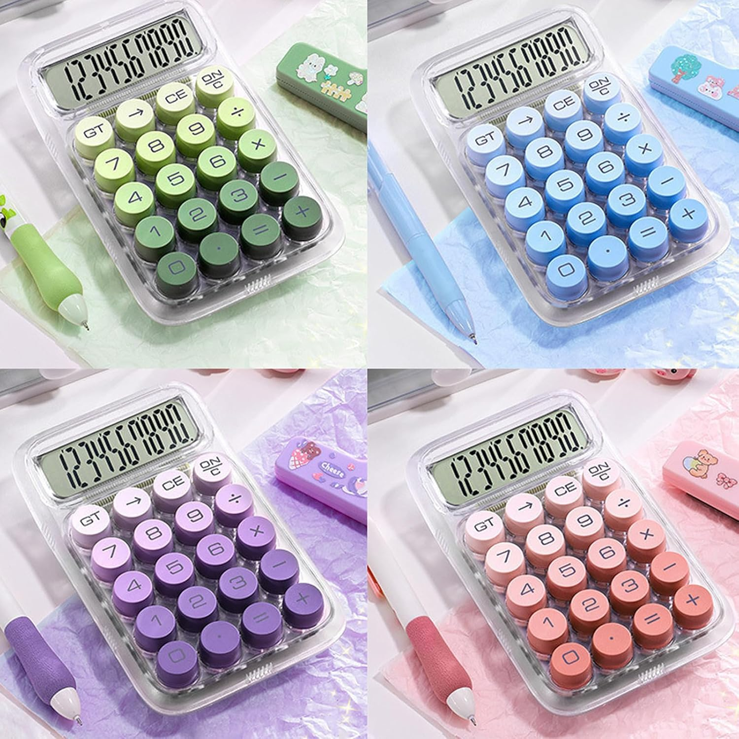 1-Pack Mechanical Switch Calculator with 10 Digits Large LCD Display, Cute Basic Calculator with Big Button Anti-Slip Pad, Transparent Body, for Home Business School Office Desk - Purple - Red image number 2