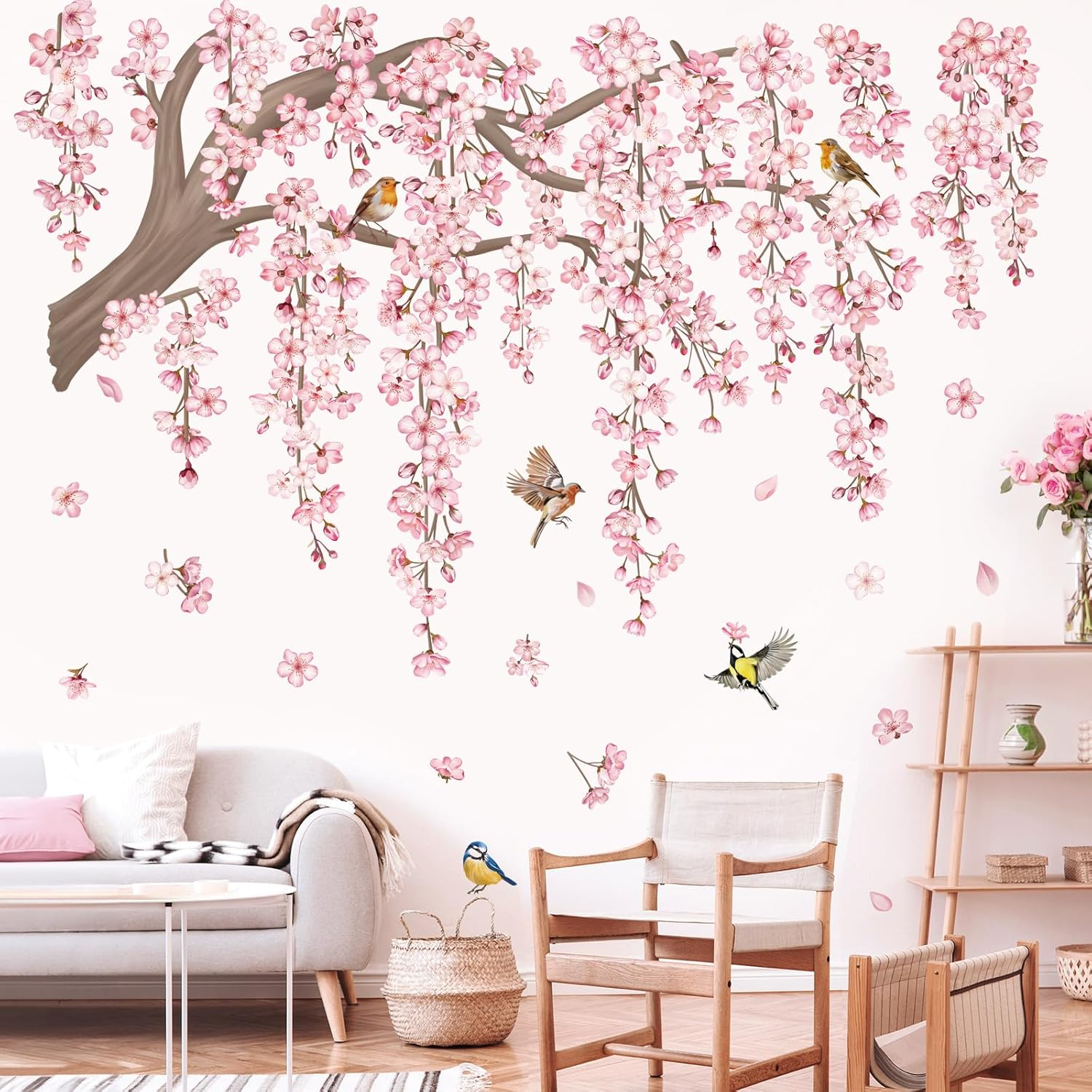 Decalmile Large Pink Flower Tree Branch Wall Decals Cherry Blossom Tree Floral Birds Wall Stickers Living Room Bedroom Tv Background Wall Decor image number 1