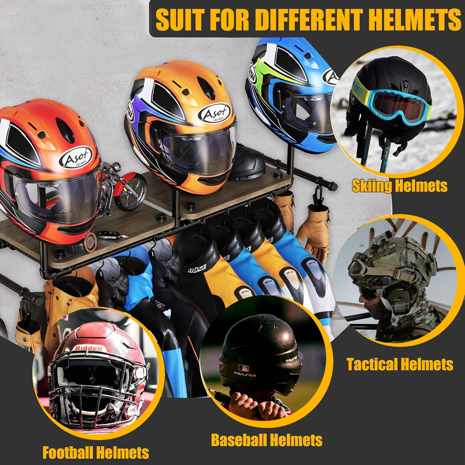 Double Motorcycle Helmet Holder Wall Mount, Helmet Hanger and Jacket Holder Wall Mount, Riding Gear Display Rack with 4 Hooks, Helmet Stand for Accesories Storage (3 Helmets) image number 1