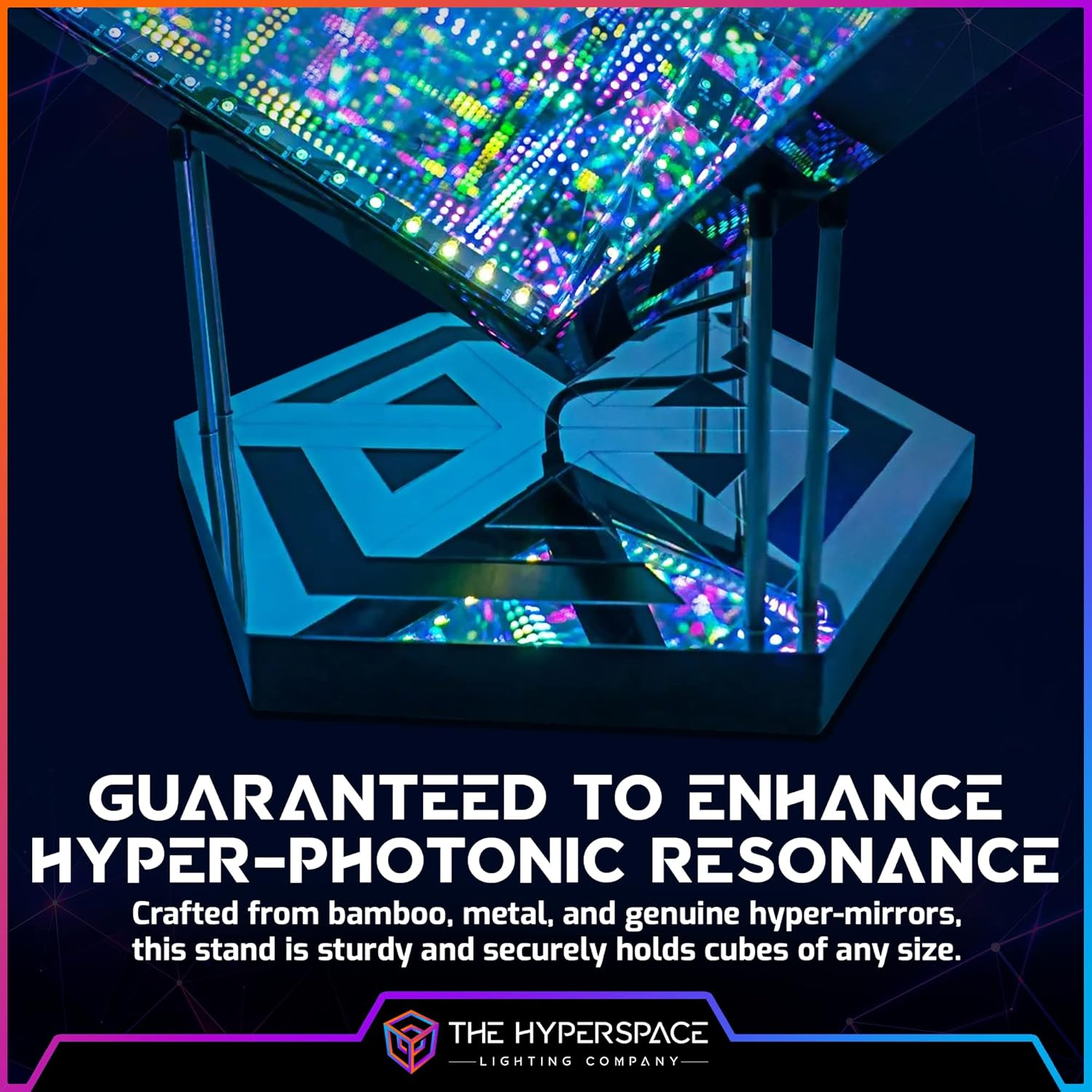 Hyperstand for Hypercube Infinity Cube LED Light - 12.5-Inch Display Stand with Solid Bamboo Base, Stainless Steel Metal Rods & Laser-Etched Acrylic Hyper-Mirror - Fits Both Hypercube10 & Hypercube15 image number 5
